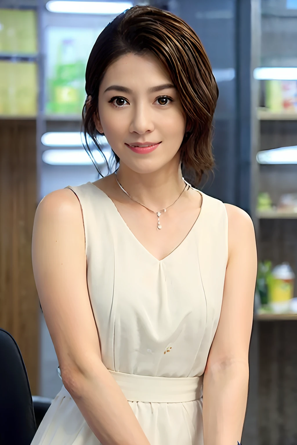 (Supermarket:1), mid afternoon, white dresses,, Short hair with light brown fringes, Light brown eyes, 1girll, Innocent, (Photorealistic), (Intricate details:1.2),(Masterpiece, :1.3),(Best quality:1.4), (超高分辨率:1.2), 超高分辨率, (Detailed eyes), (Detailed facial features), hdr, 8K resolution, (Lens flare:0.7), Turn around, Busy with inspection reports, face viwer