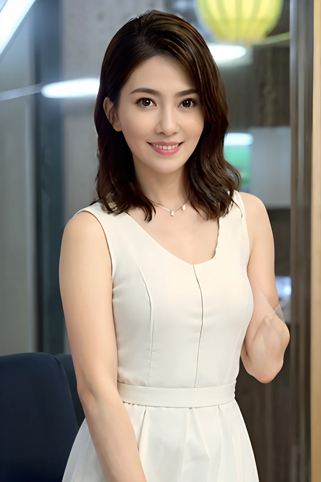 (highest quality、Tabletop、8k、Best image quality)、38-year-old mature woman、(Upper body photo:1.1)、(formal silk dress、Elegant clothing colors、Elegant and precise attire、A tight skirt in an elegant color)、Standing in the living room of the most luxurious apartment、See you in the living room、(The most natural and practical furniture arrangement:1.1)、Perfect Anatomy、Beautiful natural makeup、A gentle smile looks at me、Short black hair、Graceful posture、Very bright and clean、Blurred Background、(D cup breasts:1.4)