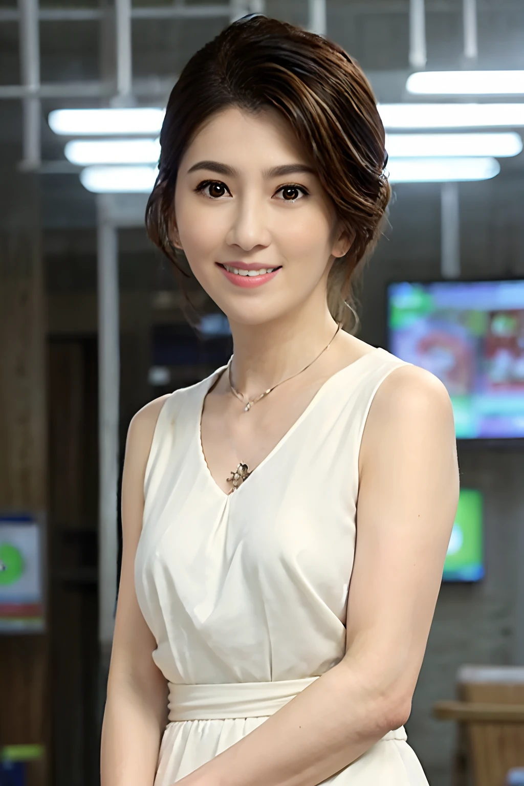 (Supermarket:1), mid afternoon, white dresses，, Short hair with light brown fringes, Light brown eyes, 1girll, Innocent, (Photorealistic), (Intricate details:1.2),(Masterpiece, :1.3),(Best quality:1.4), (超高分辨率:1.2), 超高分辨率, (Detailed eyes), (Detailed facial features), hdr, 8K resolution, (Lens flare:0.7), Turn around, Busy with inspection reports, face viwer