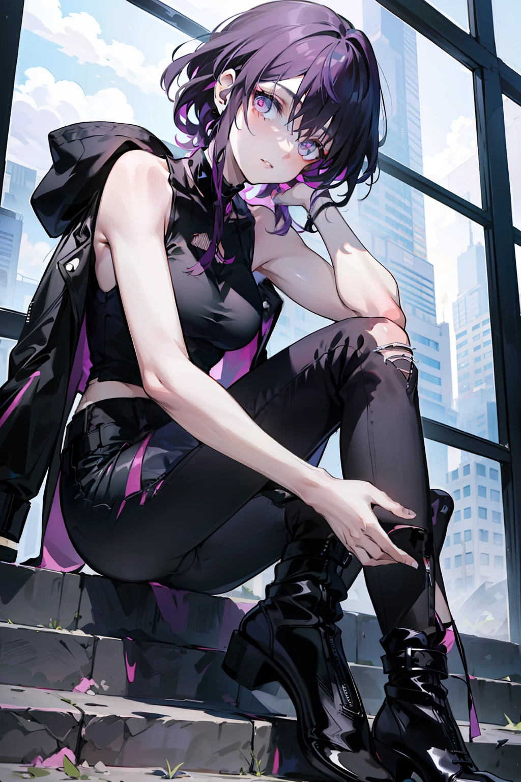 Kafka , Dressed in a black Modern street style jacket , under it she wears a Purpel short tank top , a Black Modern street style Jeans , Modern street style Black and violet colored sports boots , haves a cold expresion