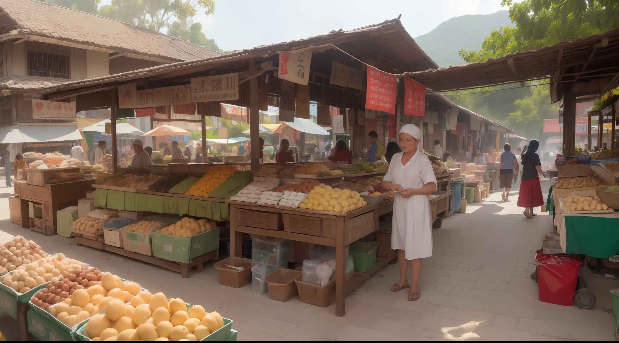 ((Masterpiece, ultra realistic, high definition, 8k, raw photo, highly detailed: 1.35)), morning atmosphere at a traditional market in 90s, Indonesia. with a variety of market snacks, sellers and buyers are happy to carry out their activities. fresh air and morning sun, there are chickens and cats looking for food