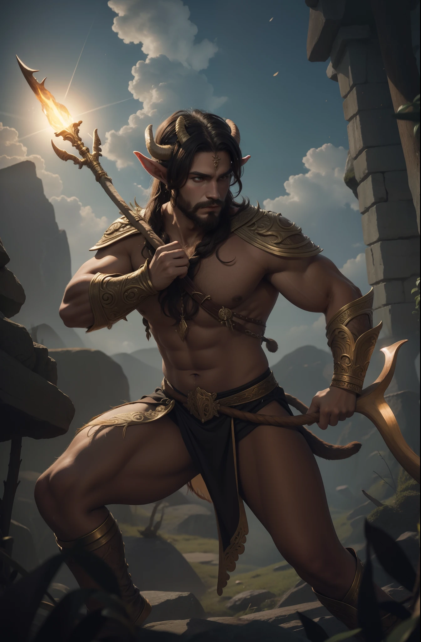 (GS-Masculine:1.0) A (male elf), (cowboy-shot), (looking at viewer).
Very detailed manly face, heroic, detailed realistic open teal eyes, (muscular:1.5), (big muscles), (massive pecs), (hairy pecs), narrow waist and hips, (long jet black hair), (slight smile).
Standing in a forest clearing, wearing a (small loin cloth).
High Contrast, High Saturation, Highly detailed, high quality, masterpiece, ethereal, particle effect, (dust, gust of wind:1.07), volumetric light, light rays, gold filigree, vibrant colors, depth of field.
<lora:lightV1:1>