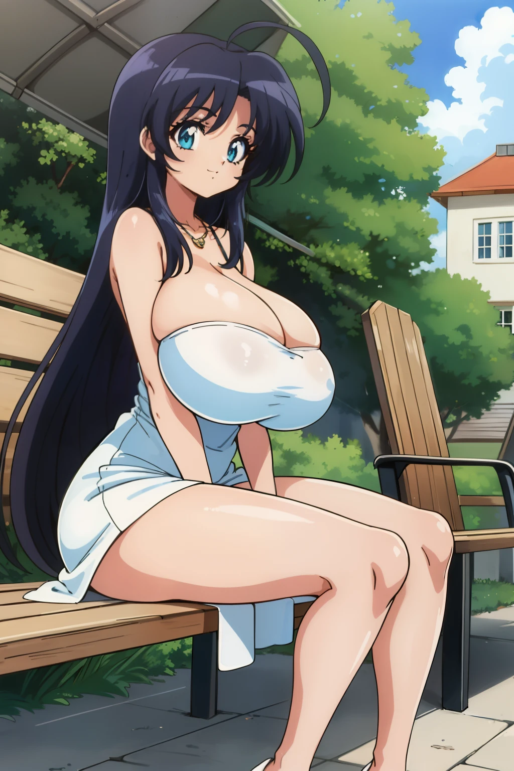 (1990s \(style\),retro artstyle,1990s anime cels style:1.2), best quality, ultra-detailed, high resolution, 1gril, huge ahoge, bare_shoulders, turquoise hair, white dress, neckless, strapless_dress, turquoiseeye, tareme, long hair, straw hat, (half closed eyes), big eyes, straight hair, OmaHimaStyle, OmaHimaStyle, smile, closed mouth, wood bench, sitting, from side, wind, bus stop and shelter