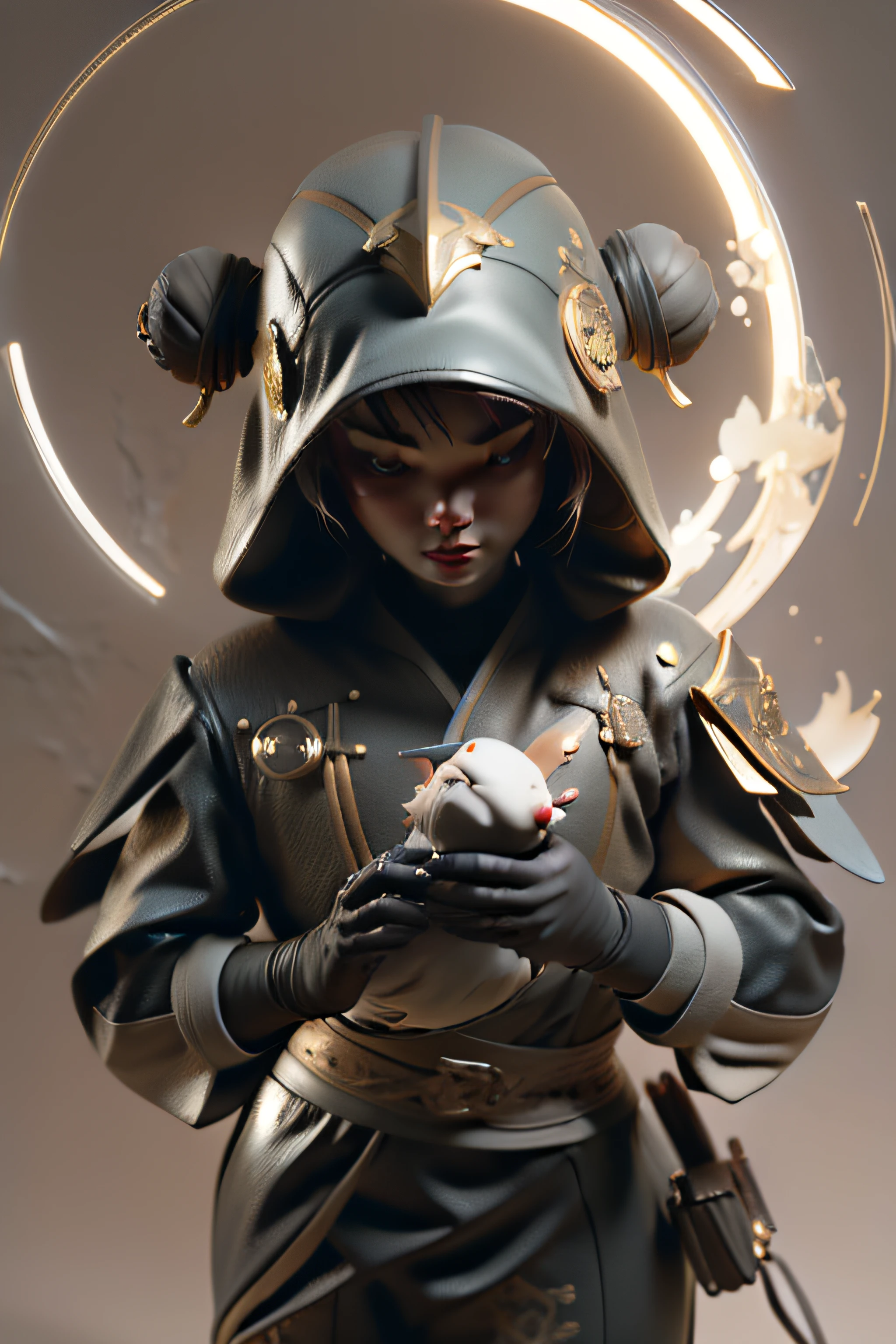((best qualtiy)), ((tmasterpiece)), (the detail:1.4), 3D, A handsome cyberpunk male image,Boy wearing a bunny hood,arma,Hands touching huge procedural walls,HDR(HighDynamicRange),Ray traching,NVIDIA RTX,Super-Resolution,Unreal 5,Subsurface scattering、PBR Texture、post-proces、Anisotropy Filtering、depth of fields、maximum definition and sharpness、Many-Layer Textures、Albedo e mapas Speculares、Surface Coloring、Accurate simulation of light-material interactions、perfectly proportions、Octane Render、Two-colored light、largeaperture、Low ISO、White balance、the rule of thirds、8K RAW、