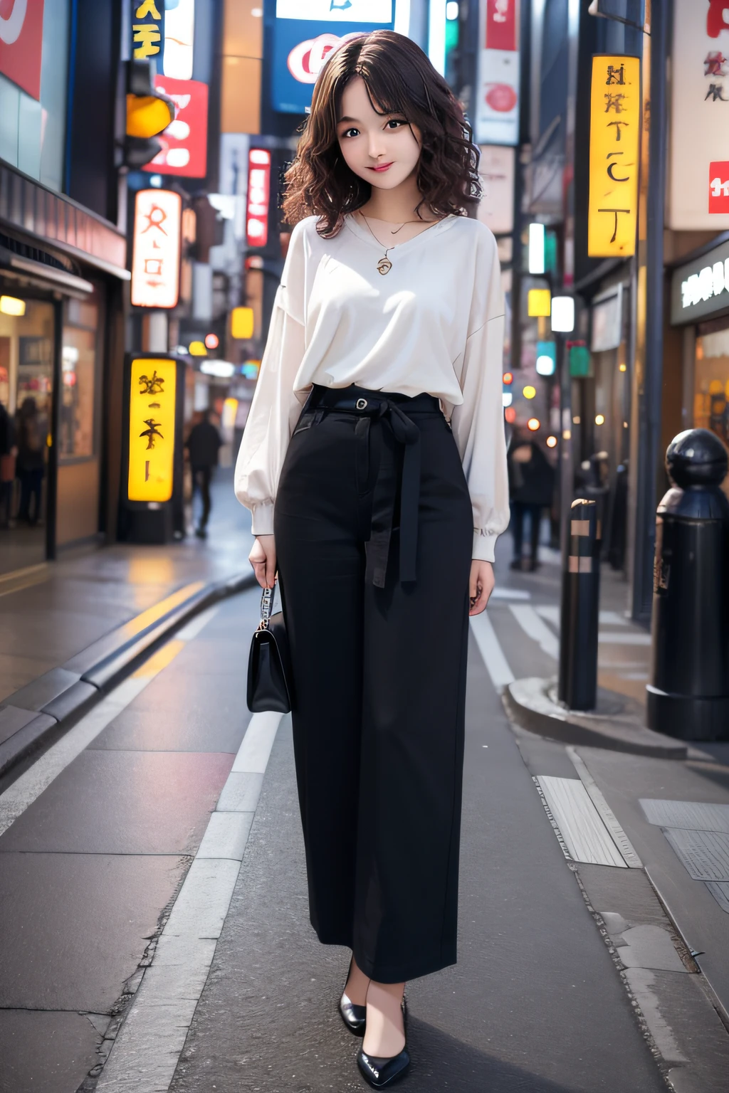 studio lights、depth of fields、full body Esbian、A slender、cute  face、A smile、Beautiful detail eyes、Japan 19 years old、cute little、Voluminous curls with warm black color、plaza、rcasual、The town of Shibuya、
