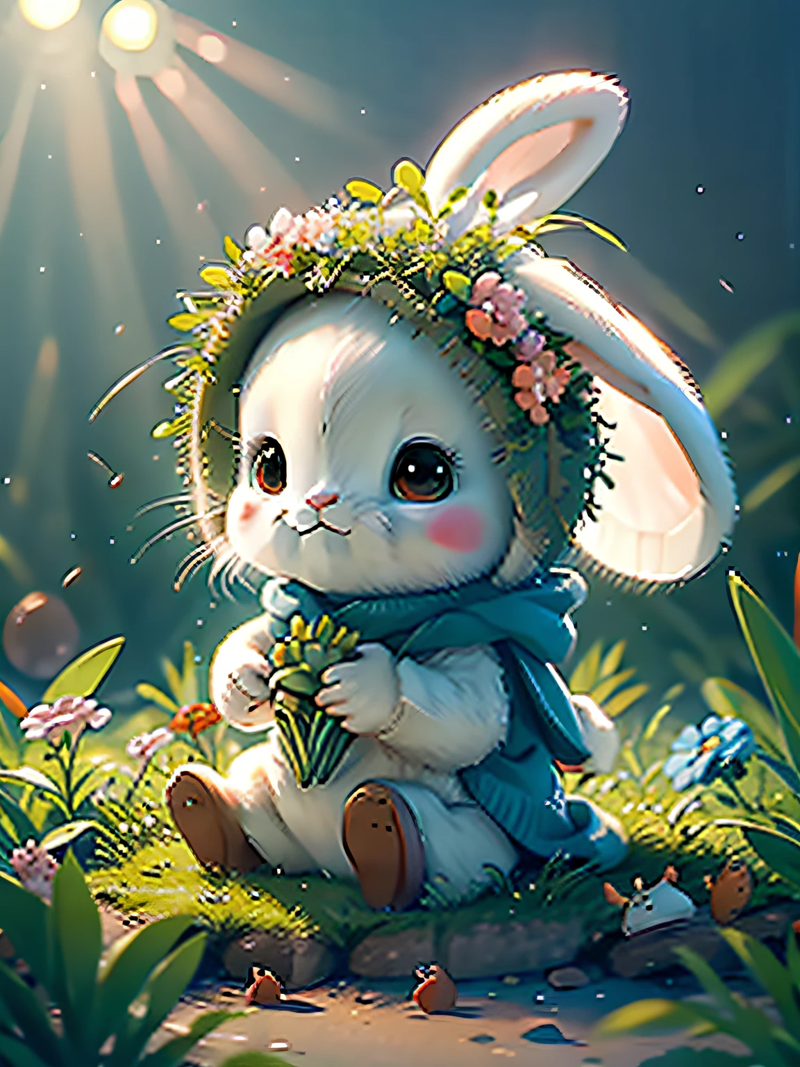 A rabbit,Take the carrot,Sitting Among the Flowers,fresh flowers,adolable,fluffly,realisticlying,gentlesoftlighting,forest backgrou