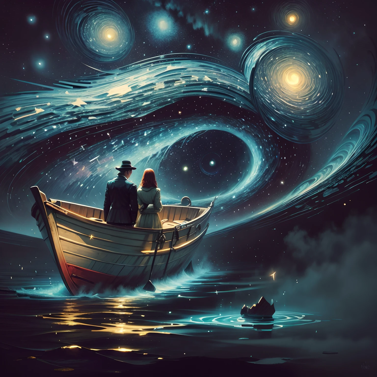 Night painting of two people on a boat on the lake, James R. Ease, van gogh art style, in the starry night, in style of van gogh, style of van gogh, Van Gogh style, Starry Night, von gogh, Van Gogh Starry Night Style, van gogh painting, anton fadeev and dan mumford, Floating among the stars