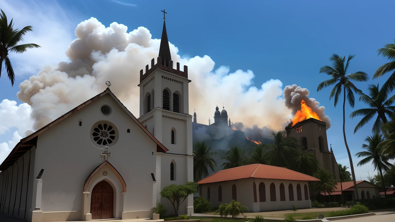 Maria Lanakira Catholic Church(Maria Lanakira Catholic Church)Miracle escaped the fire ,There are minarets and minarets on the sides, Church in the background, immaculately detailed,, Huge building ruins, amazingly composed image, ruined architecture, ruin background, cathedrals, red flames, The trees are on fire,The coconut tree on the right is on fire,Burnt coconut trees next to it