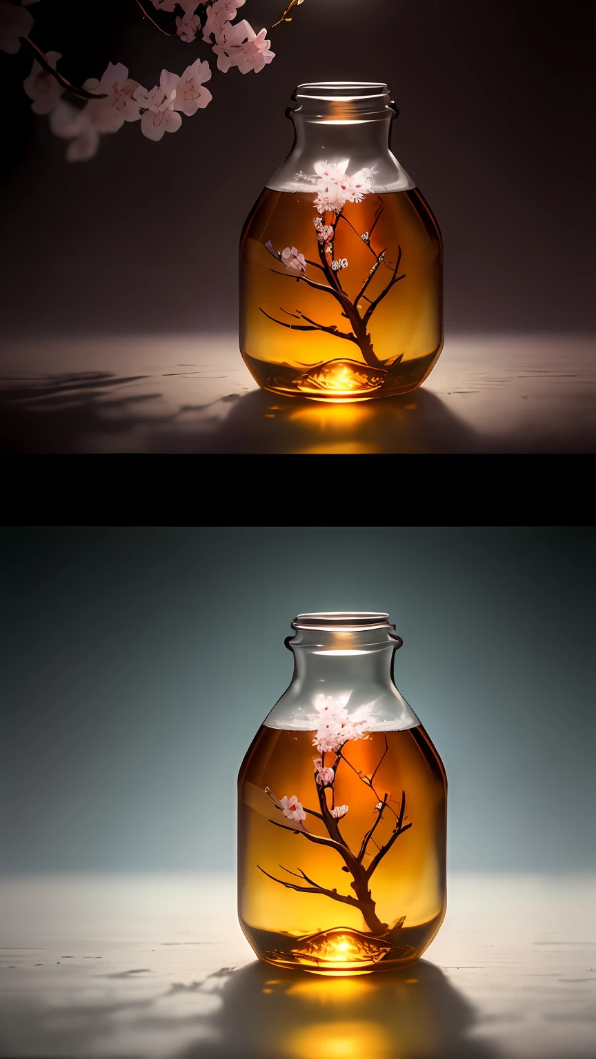 Cherry blossom tree in a bottle，Grows out of the bottle，nipple sticking out，fluffly，realisticlying，Atmospheric light refraction，Photo by Lee Jeffries，Nikon D850 Film Stock Photo 4 Kodak Portra 400 Camera F1.6 shots，rich colours，hyper realistic lifelike texture，dramatic  lighting，unreal engine trending on artstation cinestill 800，Style-Glass