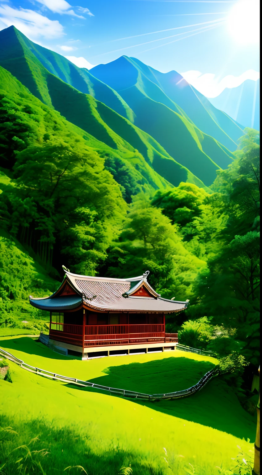 On a sunny day, the morning sun shines on the light green mountain top, the tender green bamboo forest, the small wooden house with Chinese characteristics, the light green willow, the light green grass, the high-definition view, the ultra-wide angle, the real ultra-clear details, shock, aestheticism, fantasy, surrealism. Romantic, 8k, hd ultra detail --ar 9:16 --v 4