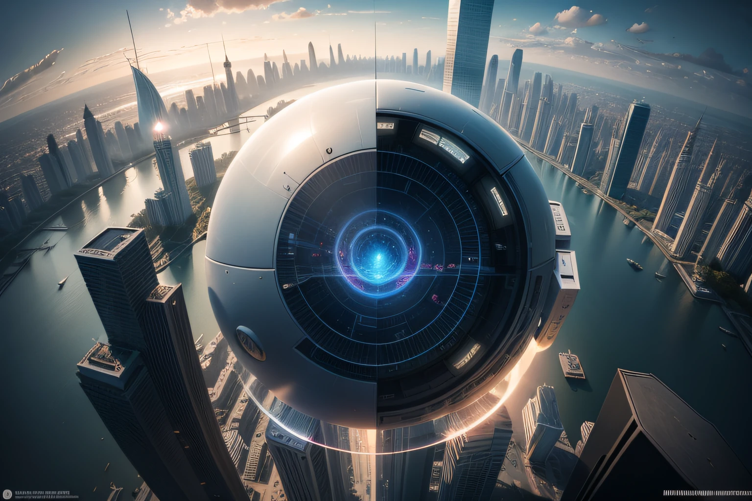 Punk futuristic style,The above Bund is the prototype,Spherical polar coordinates:1.5,High-resolution images of the city of the future,City skyline view with lake and park,Ultra-wide view of the cityscape,All buildings have a sense of technology,Full of technology,Sci-fi blockbuster déjà vu,Sky Divination Screen 1/3:1.3,Architecture combined with light,超高分辨率(realness:1.4),hyper qualit,Extremely detailed CG unity 8k wallpaper,aesthetics,award winning photography,真实感,high detal,Detail Enhancement,
