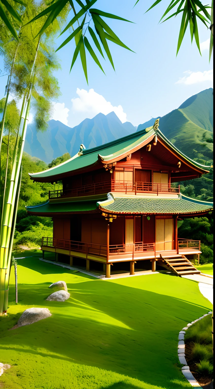 On a sunny day, the morning sun shines on the light green mountain top, the tender green bamboo forest, the small wooden house with Chinese characteristics, the light green willow, the light green grass, the high-definition view, the ultra-wide angle, the real ultra-clear details, shock, aestheticism, fantasy, surrealism. Romantic, 8k, hd ultra detail --ar 9:16 --v 4