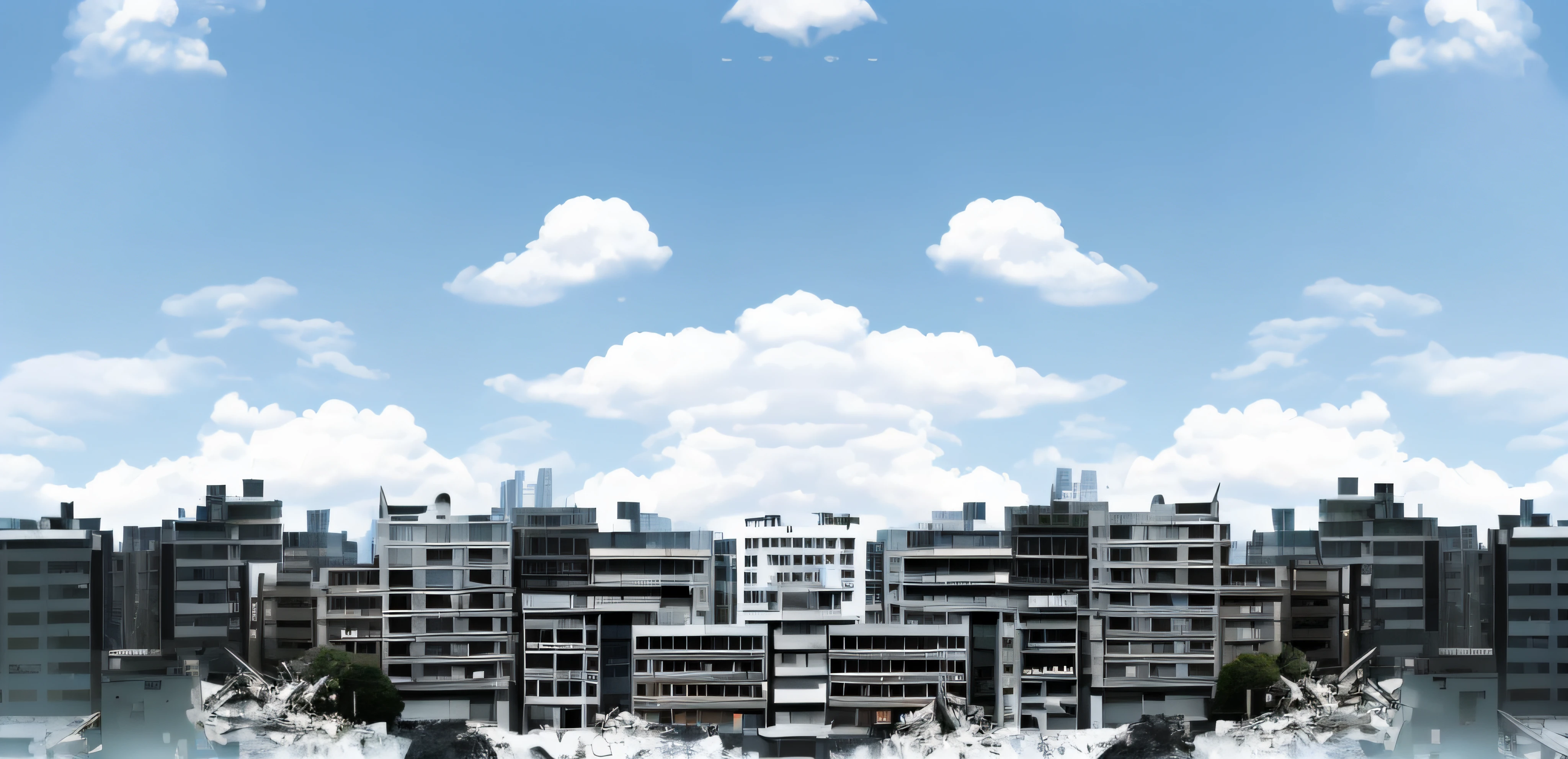 The position of the clouds with the sky changes randomly, and the sky occupies three-fifths of the picture, There is also a picture of a city with many buildings, It is an Ultraman special photography scene with many buildings, lots of building, stacked buildings, full building, There are buildings that have been smashed by monsters,Honkai,Firesmoke