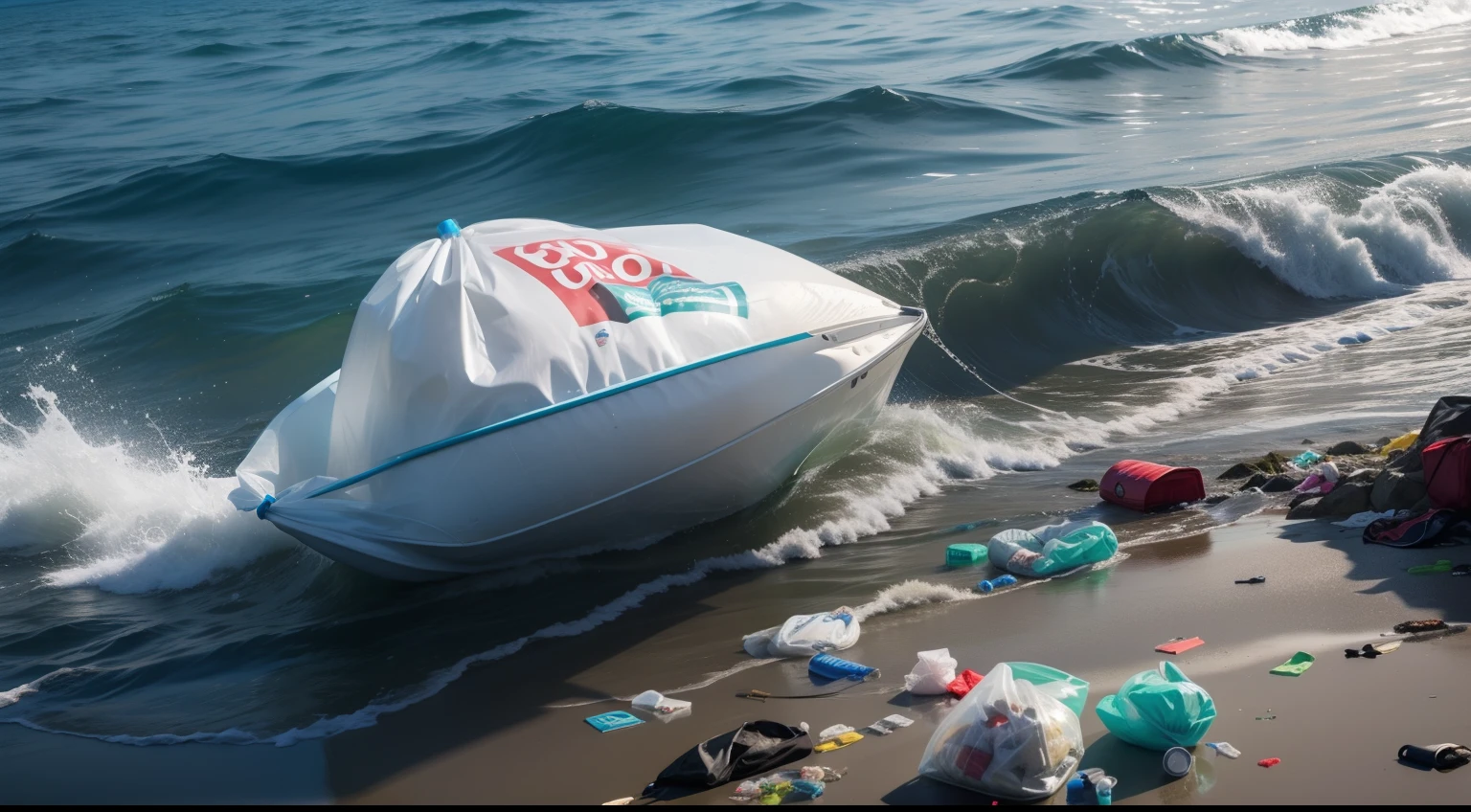All sorts of garbage on the waves,plastic bag,Mineral water on the surface of the sea