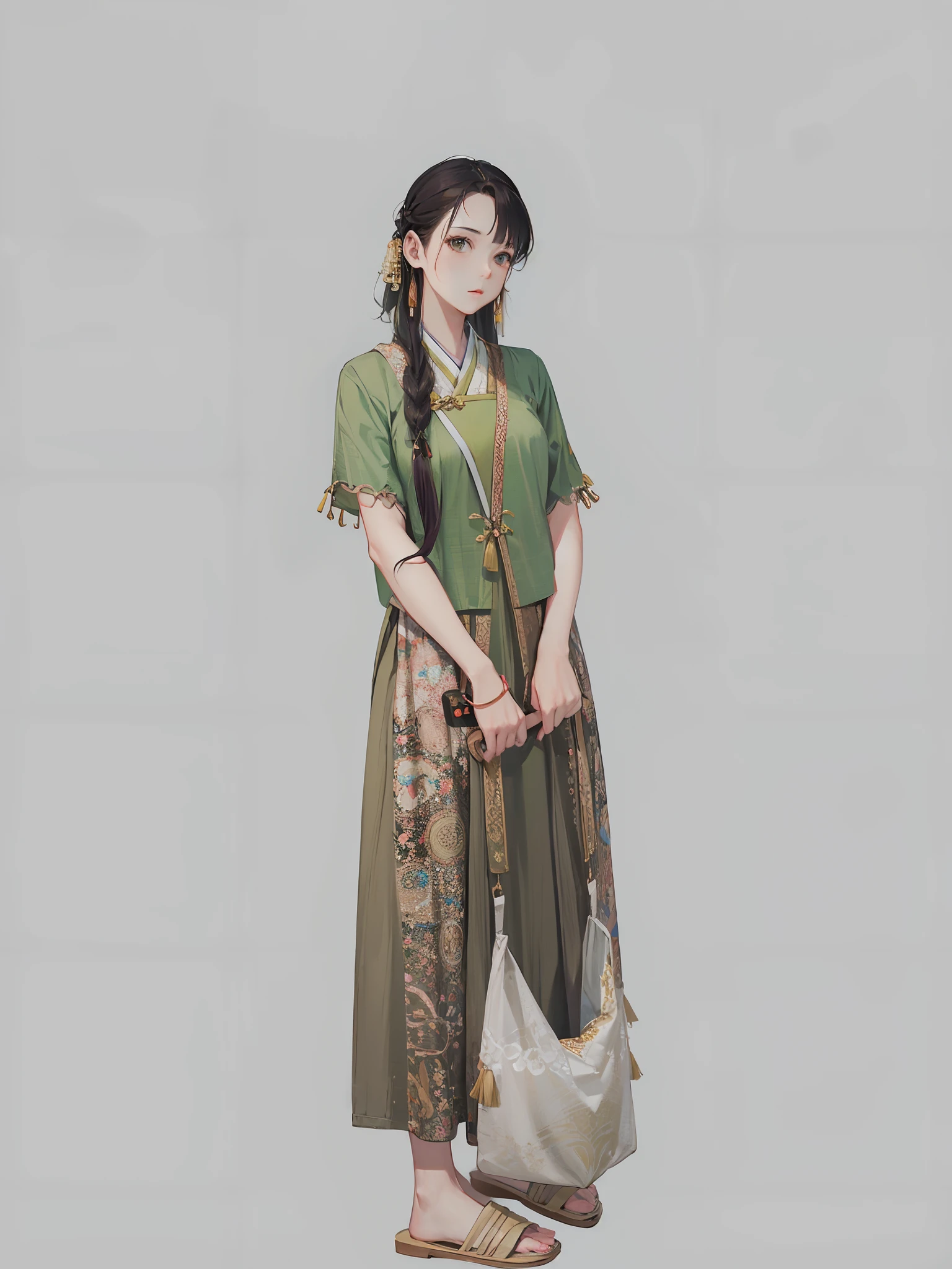 A beautiful girl，long whitr hair，Stand on the side，face to the viewer，Wear a green top、Green-brown skirt and sandals，Take a canvas bag, olive green, Hanfu, with acient chinese clothes,,8K，extreme picture quality