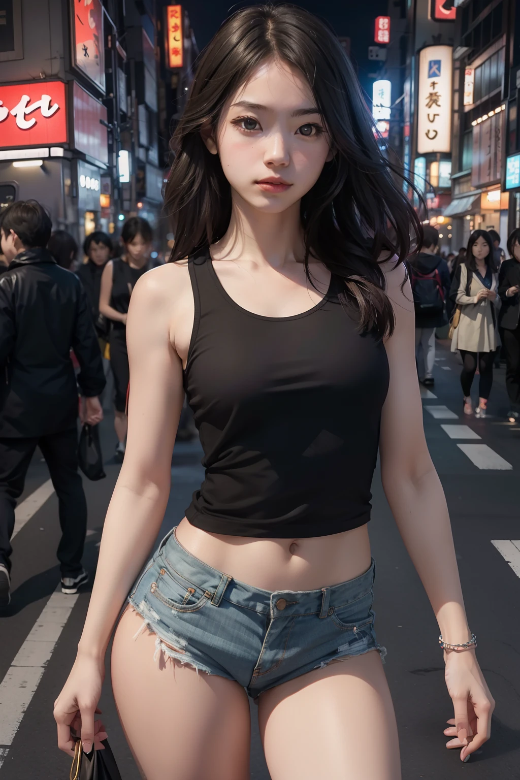 1girl, Tokyo Street, night, cityscape, city lights, upper body, close up, small tank top, no underwear, 8k, raw photos, best quality, masterpiece, realistic, photo realistic,