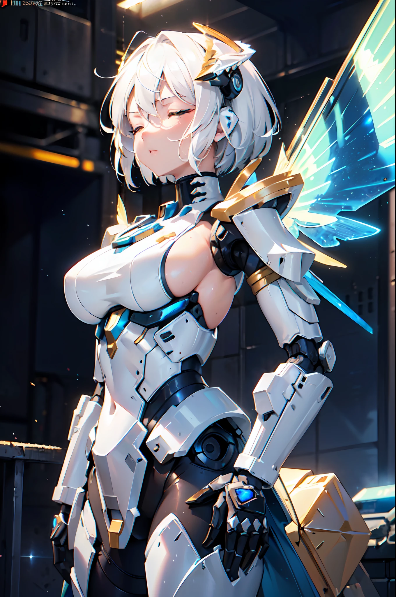 Transcendent Beautiful Girl, Machine body, Mechanical Naked Cyborg, mecha musume, White hair, short-hair, (closed eyes:1.5), Inorganic skin, Science Fantasy, (Exoskeleton body), (Mechanical joints, machanical limbs), Fine mechanical parts, upper_body, sideboob, bloom, super fine concept art, extremely detailed, a heavy mech, hard surface, hawken, sci fi battlefield, (giant shining wings attached to the shoulders:1.5), Masterpiece, best quality, captures a super cute moment, depth of field, ultra detailed, ultra high resolution, C4D, Octadale, 3D modeling, 8k, 16k,