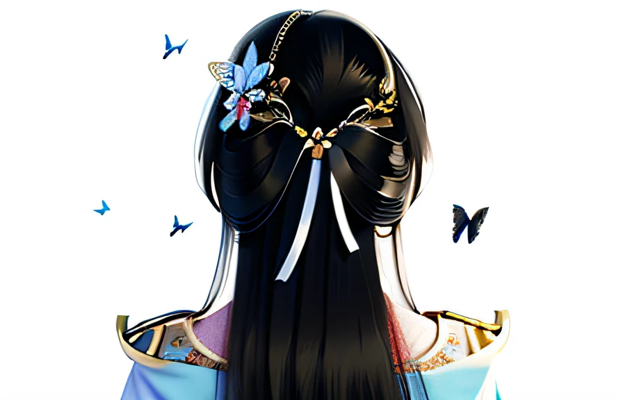 one with black hair,Woman with butterflies in her hair, geisha hairstyle, black hime cut hair, detailed long black hair, inspired by Nishikawa Sukenobu, back of head, hime-cut, flowers in her dark hair, back of the hair, Inspired by Li Tang, inspired by Shūbun Tenshō, inspired by Maki Haku,Hanfu,
