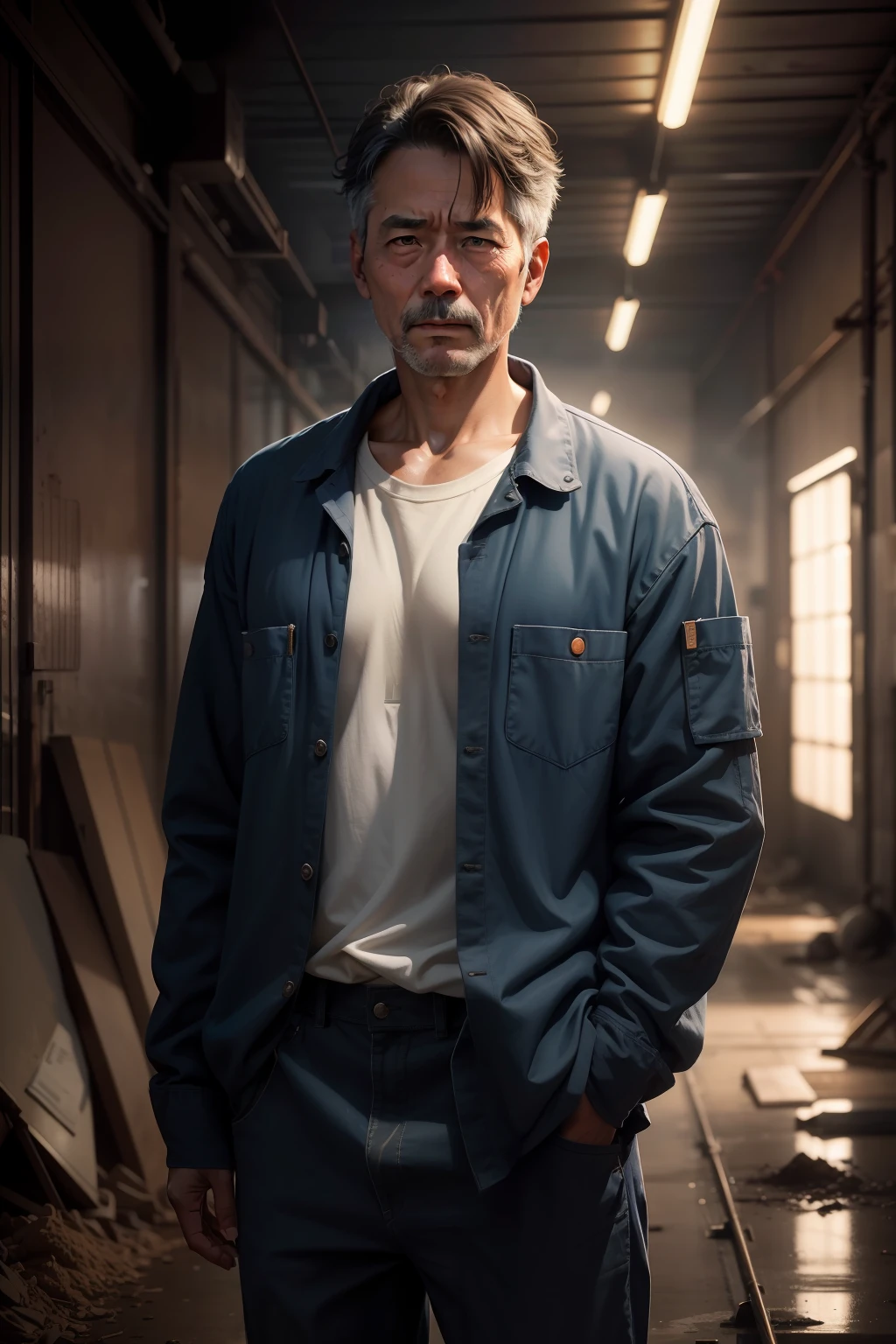 Inside a dirty factory with plumbing,Japan man standing for 30 years in navy blue long-sleeved work clothes,Workwear closes with zipper、Clothes made of material similar to jeans,Body and head straight in the photo, Facing the viewer of the photo, Eyes fixed on the lens, You will see the shoulders and head in the photo, The man in the center of the photo, in 8K, Best Quality, masutepiece, Realistic, photos realistic, Cinematic Photography, A hyper-realistic, 1 person, Detailed, Perfect Lighting, DSRL, professional photograpy, 4K