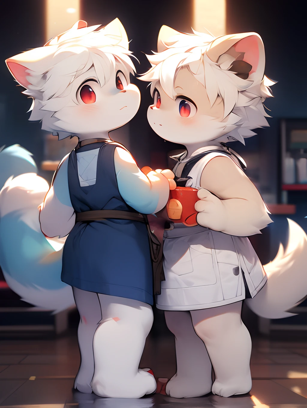 (light blue furs， Detailed fur， red eyes， White hair)， adolable， standing on your feet， Master masterpieces， A high resolution， 8K， detailedbackground， high qulity， Libido boy， male people， 独奏， aprons ，Cafe，ssmile，