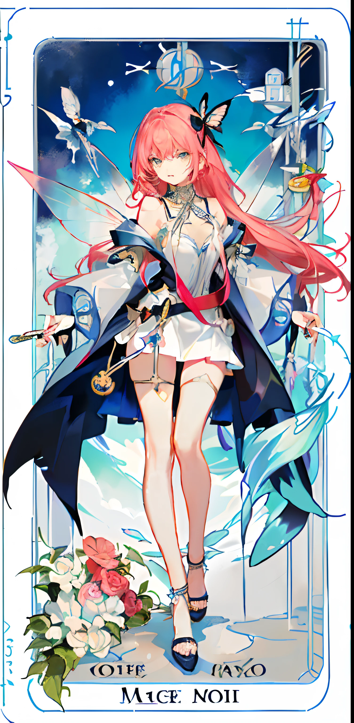 (Golden Ratio: 1.2), (Rose Graffiti: 1.2), (Glitch Color: 1.3), [(White Background: 1.4)::10], (Whole Body: 1.2), (Super Fine: 1.3), (Tarot :1.6),(Magician (Tarot):1.6),(Paper:1.2),(Fairy:1.6),(Fairy Wings:1.2),Full Body, Hanging,(Cool:1.2),(Red Long Hair ),(butterfly hair accessory),(flower hair accessory: 1.0),((sandals,Locket)),(colored cocktail dress: 1.0)+(loose-sleeve jacket: 1.3)+(fluttering colorful tassels and ribbons :1.2 ),(white stockings: 1.2),(colored ink paper flowers: 1.2),(colorful flower sea: 1.3),(chaotic geometry: 1.3),(negative space: 0.8),(drawing board: 1.3 ), (Ether Color ink flow: 1.3)