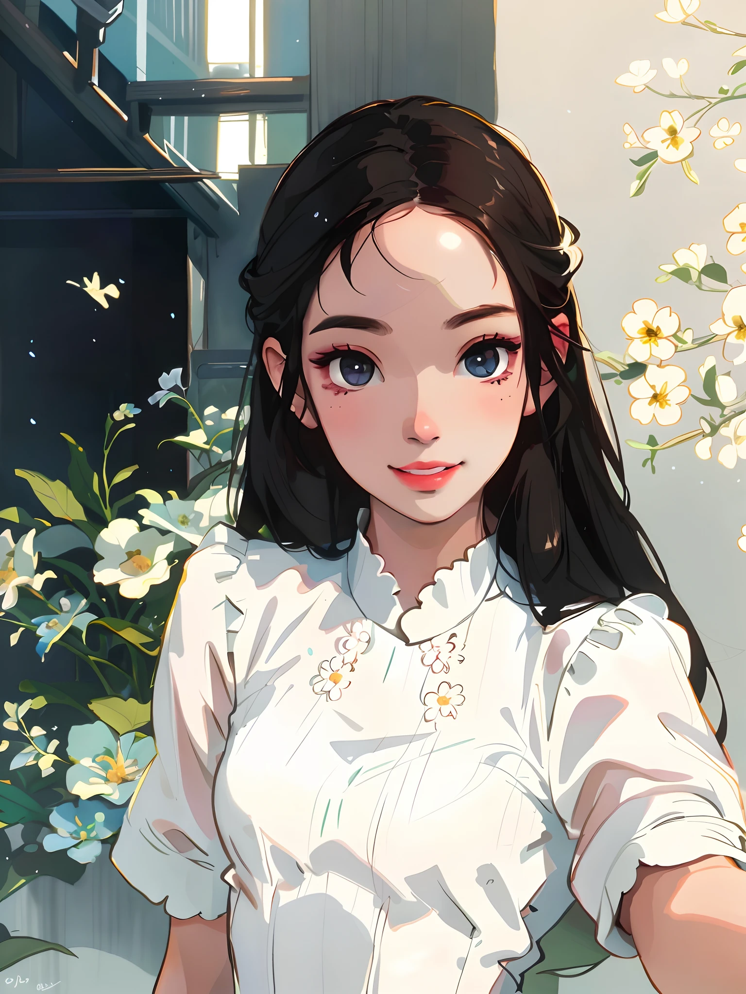 Anime girl posing for photo with long black hair and black eyes,Smile without missing teeth,Flowers and plants in the background,white clothes,Goose egg face,roman nose,
