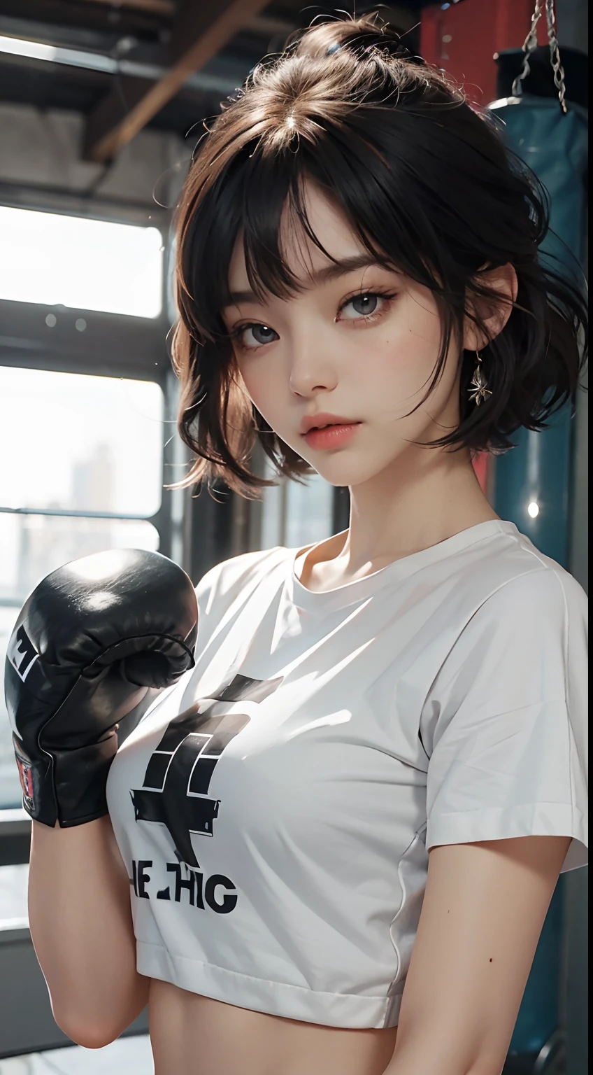 tmasterpiece，top Quority，（realisticlying，realisticlying：1.4），（RAW photos：1.2），Very delicate CG Unity 8K wallpaper，very delicate beautiful，Wonderful，The attention to detail，offcial art，absurderes，Incredibly Ridiculous res，hugefilesize，Very fine，very refined，Beautiful eyes and face，Beautiful exquisite eyes，light in face，one-girl，short detailed hair，（pompons）nabel，The upper part of the body，PE uniform short sleeve crop top T-shirt， boxing gloves， Bare arms， By bangs， Boxing gym， Boxing ring， ULZZANG-6500-v1.0