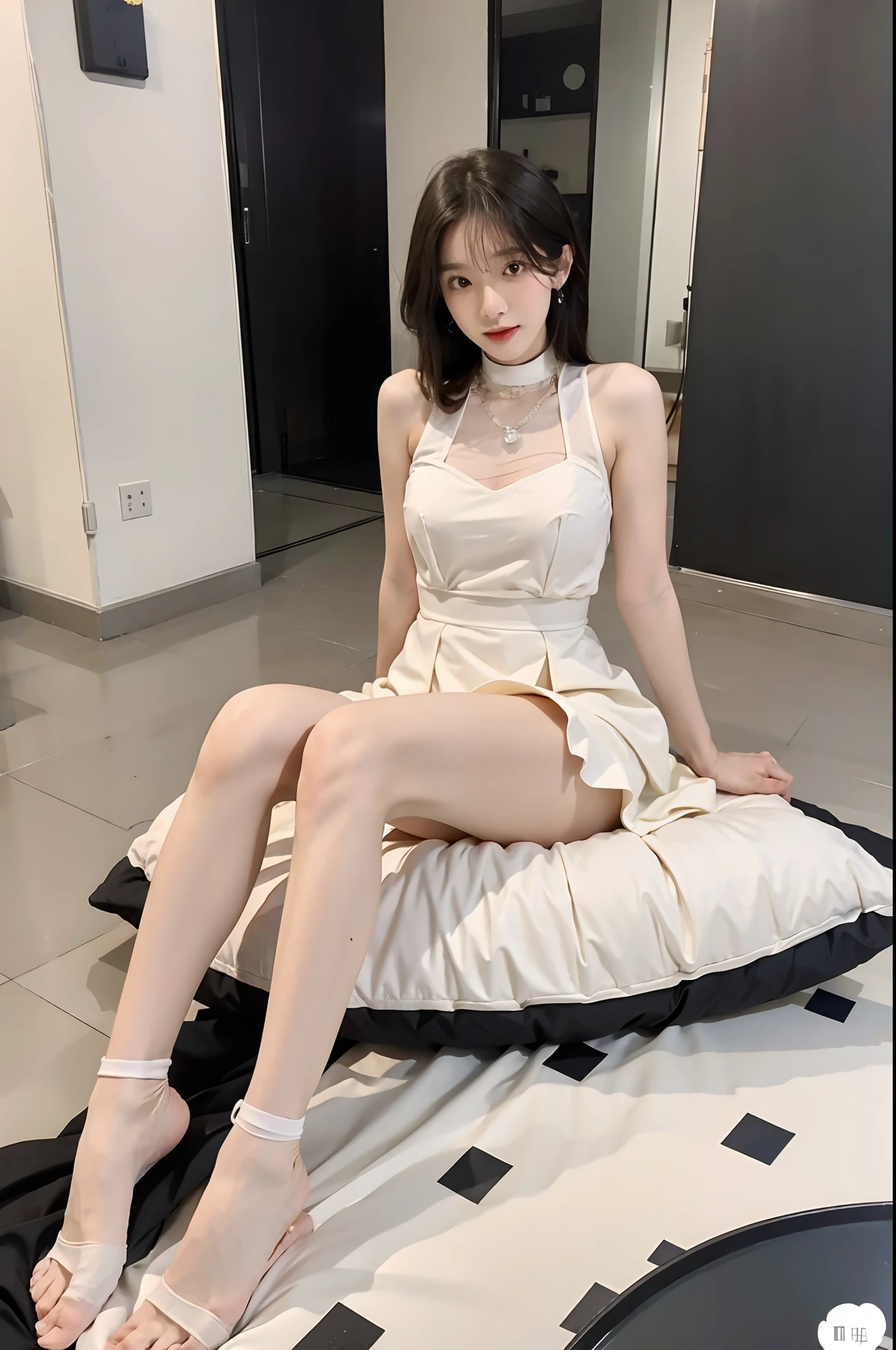 Full body photo of beautiful sexy woman wearing short skirt and sewn stockings，Stands_straight，（（独奏）），AS-Adult，bare-legged，Craving sexual，medium wind_herself，（best qualtiy，A high resolution，tmasterpiece：1.4），A tall and beautiful woman，Dark brown hair in loose wavy styling，nedium breasts，Wear a pendant，Beautifully rendered details in face and skin textures，Detailed eyes，二重まぶた，Wearing flesh-colored stockings，Flesh-colored stockings，wearing silk stockings，Full-length flesh-colored stockings