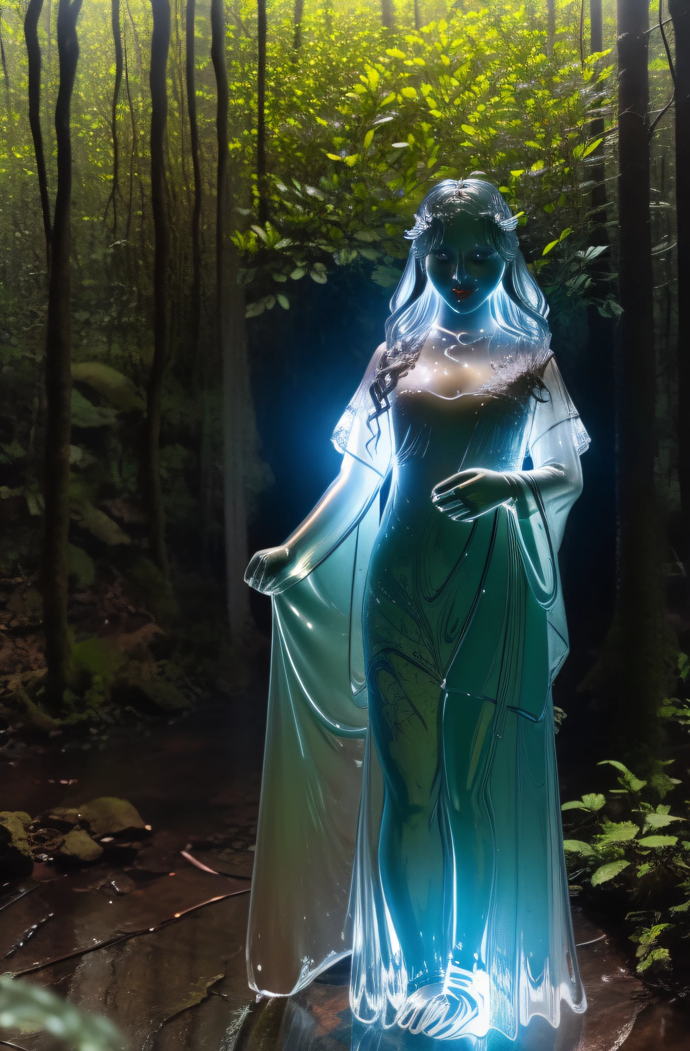 Translucent woman in the forest、Smile quietly、Face of the Golden Rule、Glass body