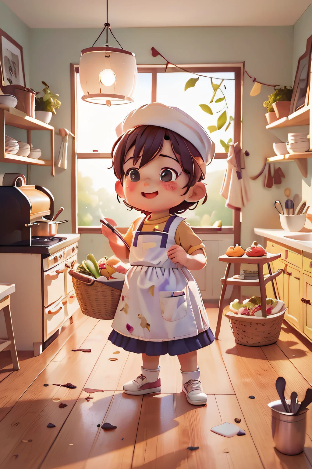 (best qualtiy，8K，tmasterpiece：1.3)),(Cinematic light and shadow，soft shade，Sense of painting)，There is a small child，He was holding a basket of vegetables, Little cook, wearing white chef hat, photoshoot, best chef, culinary art photography, In the kitchen, Food photography, Cooking, home photography portrait, food stylist, Happy chef, Cute boy, White apron, old kitchen backdrop, Photo session, In a kitchen, Advertising photography，Sense of painting