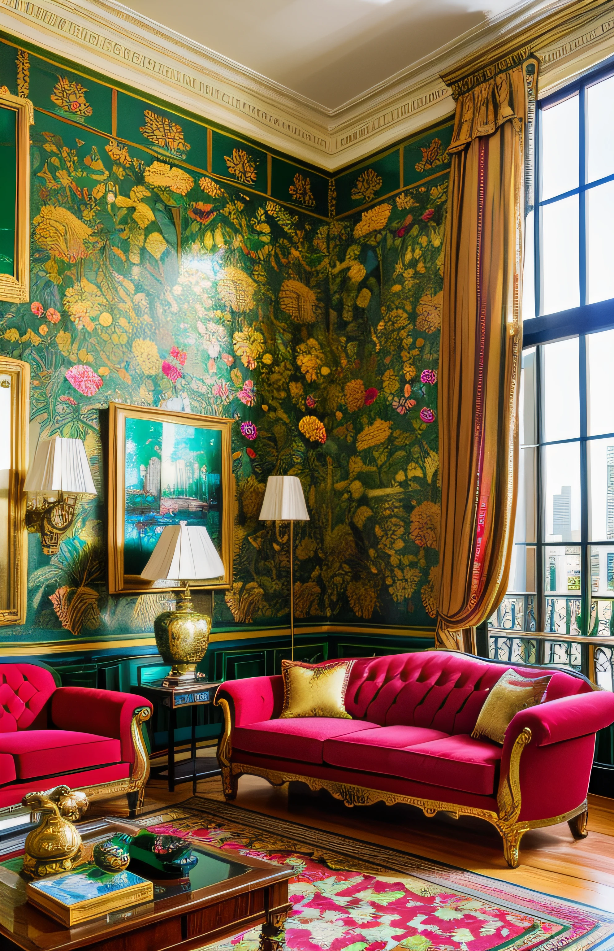 Architectural Digest photo of a maximalist green {vaporwave/steampunk/solarpunk} living room and sofa with lots of red flowers, golden light, hyperrealistic surrealism, award winning masterpiece with incredible details, epic stunning