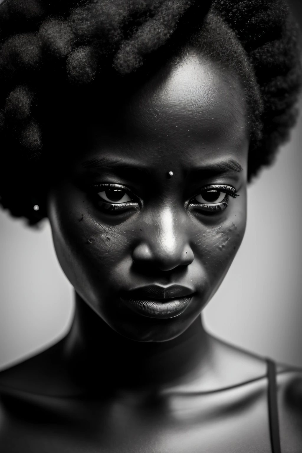 film grain, photographed with a Sony a9 II Mirrorless Camera, analog style, beautiful, masterpiece, best quality, aamari, a black woman with elegant dress, crying is looking at the camera, man sad at background, very dark skin, extremely detailed face, bust shot, perfect lighting --auto
