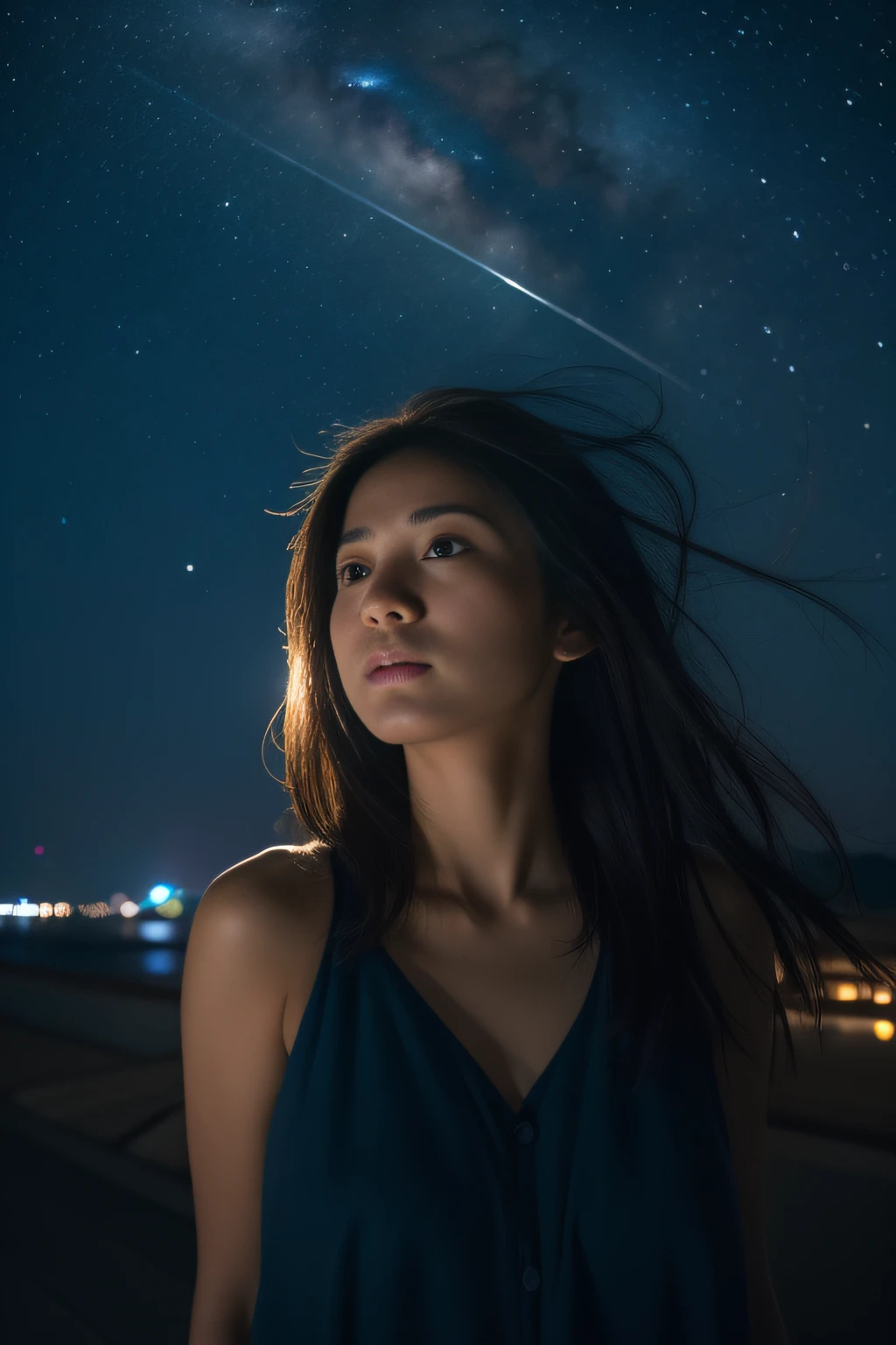(masterpiece、top-quality、high-level image quality、ultra res,in 8K), (Raw foto:1.2), (Photorealsitic:1.4), (beautiful a girl,Sexy Woman,japanes,good looks、Alone),Woman in anguish and despair,Beautiful and gentle photo of a woman tired both physically and mentally、年轻、The emotional landscape reflects her spirit、Cool breeze blows、(Late Summer Night Sky、night star、intergalactic)、look up sky、jpn、professional photograpy、
