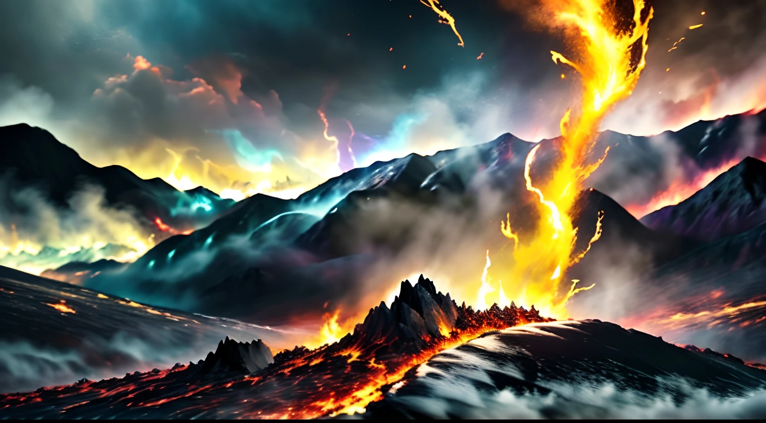 Overlooking a suspended island erupting from a volcano,Turbulent red waves,Red Sea,Golden glowing crystal,Magma erosion,Thundercloud lightning,Dark clouds at night,Realistic game artwork,large scene,Wide-angle perspective