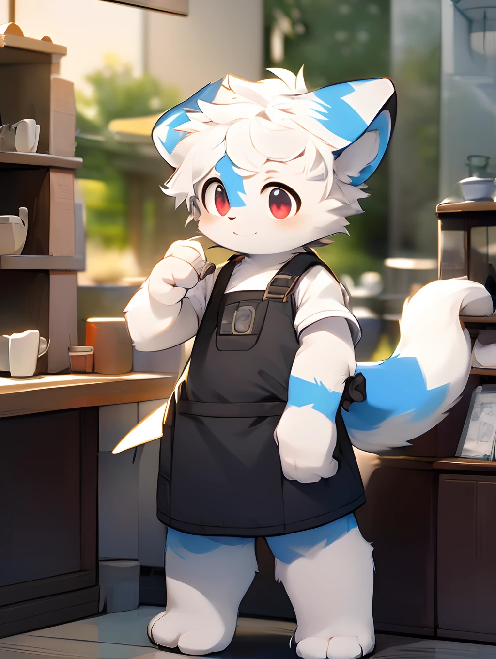 (light blue furs， Detailed fur， red eyes， White hair)， adolable， standing on your feet， Master masterpieces， A high resolution， 8K， detailedbackground， high qulity， Libido boy， male people， 独奏， aprons ，Cafe，ssmile，solo person，独奏