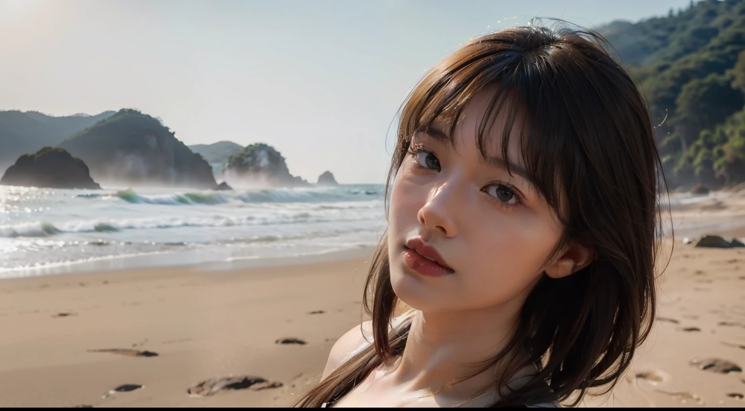 Qualidade 16k, melhor qualidade, Ultra high resolution, 1girl, fofa, (kpop idol), ((olhos inchados)), olhando no observador, corpo inteiro, de frente, peitos pequenos, pose sexy, bunda grande, modelo, cabelo escuro longo, praia