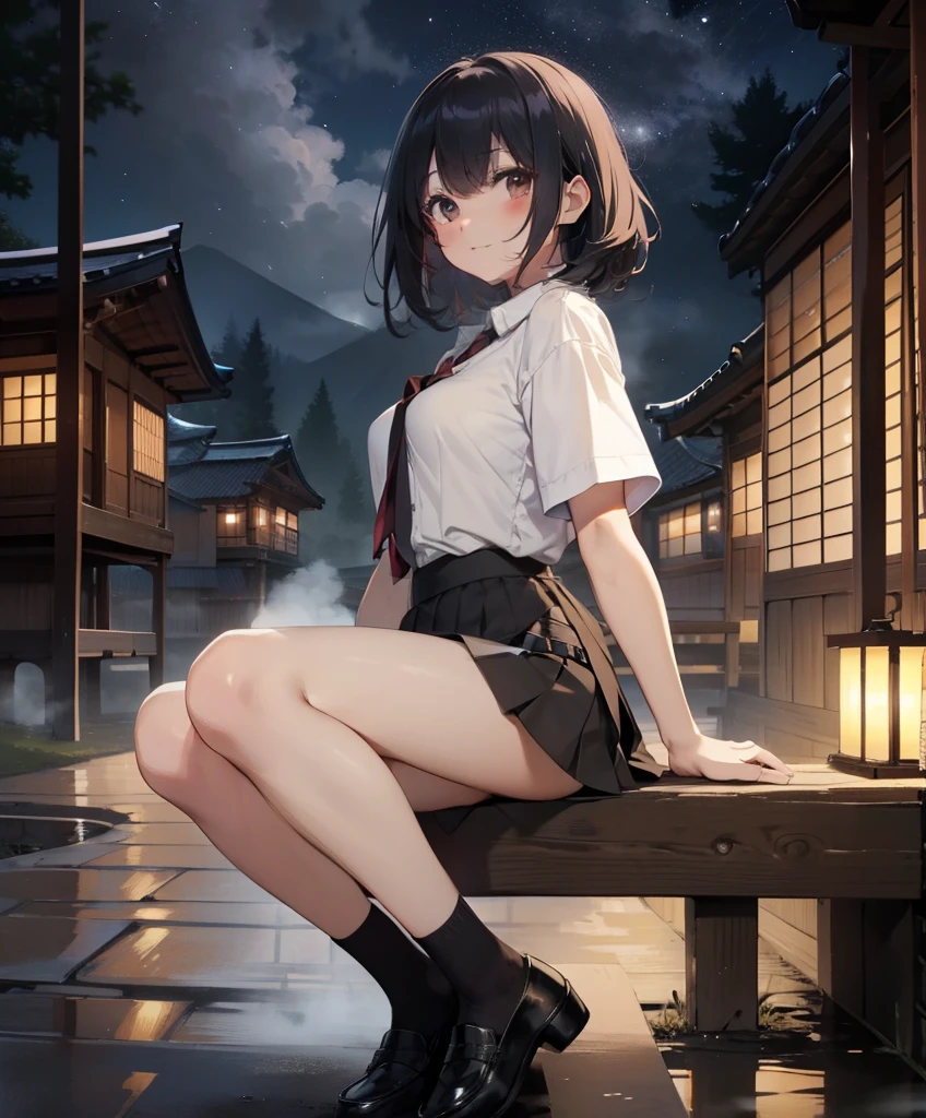 ​masterpiece, top-quality, The ultra -The high-definition, Top resolution, ighly detailed, profetional lighting, Gray Light Lighting、Low angle from below、Nostalgic scenes、Old wooden school building、Japan wooden house、Archaic landscape panorama、Ancient Minjia、Japanese garden、night landscape、I see the stars、Fluorescence on background、Blowing steam into the landscape、Fog in the landscape、Foggy、Full Body Pose、Combing hair with one hand、Beautuful Women, a small face、de pele branca、a very cute、17 age、Bright smile、(Black hair, midiam)、(Gray cardigan、Short sleeve cutter shirt、White button shirt、Button Open Shirt)、thin and long legs、Beautiful hip line、Beautiful spine、constricted back、Toned waist、Black underwear、JK Black Skirt 、pleatedskirt、Hip line emphasis、Black socks、Brown eyes,The face is a little red, beutiful breast、Breast is an A cup、Shoes are loafers、