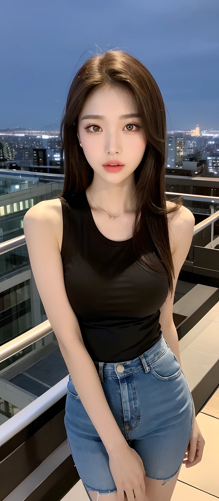 highly detailed face and body, ray tracing, 8k, 21 years old, model, tall, perfect body, passionate and cute look, long black hair, black eyes, office lady outfit, knitted top with random coloured long pants, small firm breasts, light skin, sitting on table, legs spread wide open, cleavage