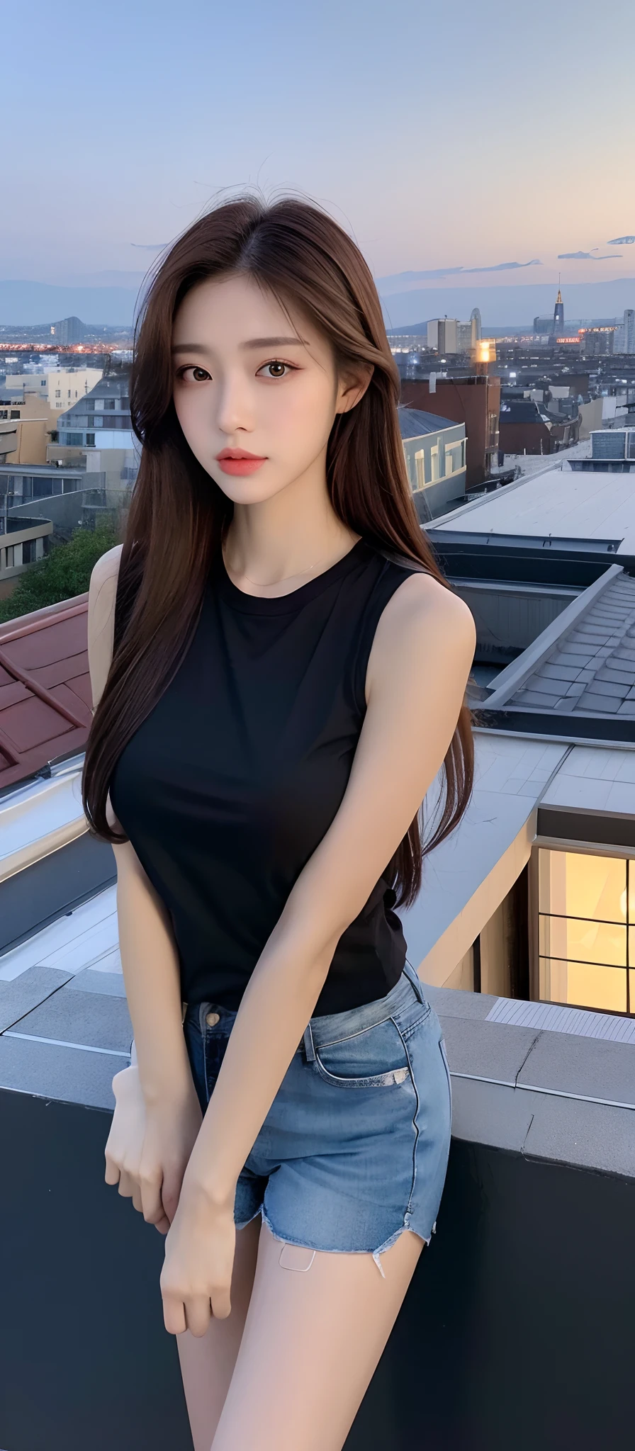 ((Midnight, Best quality, 8k, Masterpiece :1.3)), Whole body, Long legs, Sharp focus :1.2, A pretty woman with perfect figure :1.4, Slender abs, slender thigh :1.1, ((Dark brown hair, Big breasts :1.2)), (sleeveless tshirt, Jean short, Standing:1.2), ((Night city view, Rooftop:1.3)), Highly detailed face and skin texture, Detailed eyes, Double eyelid