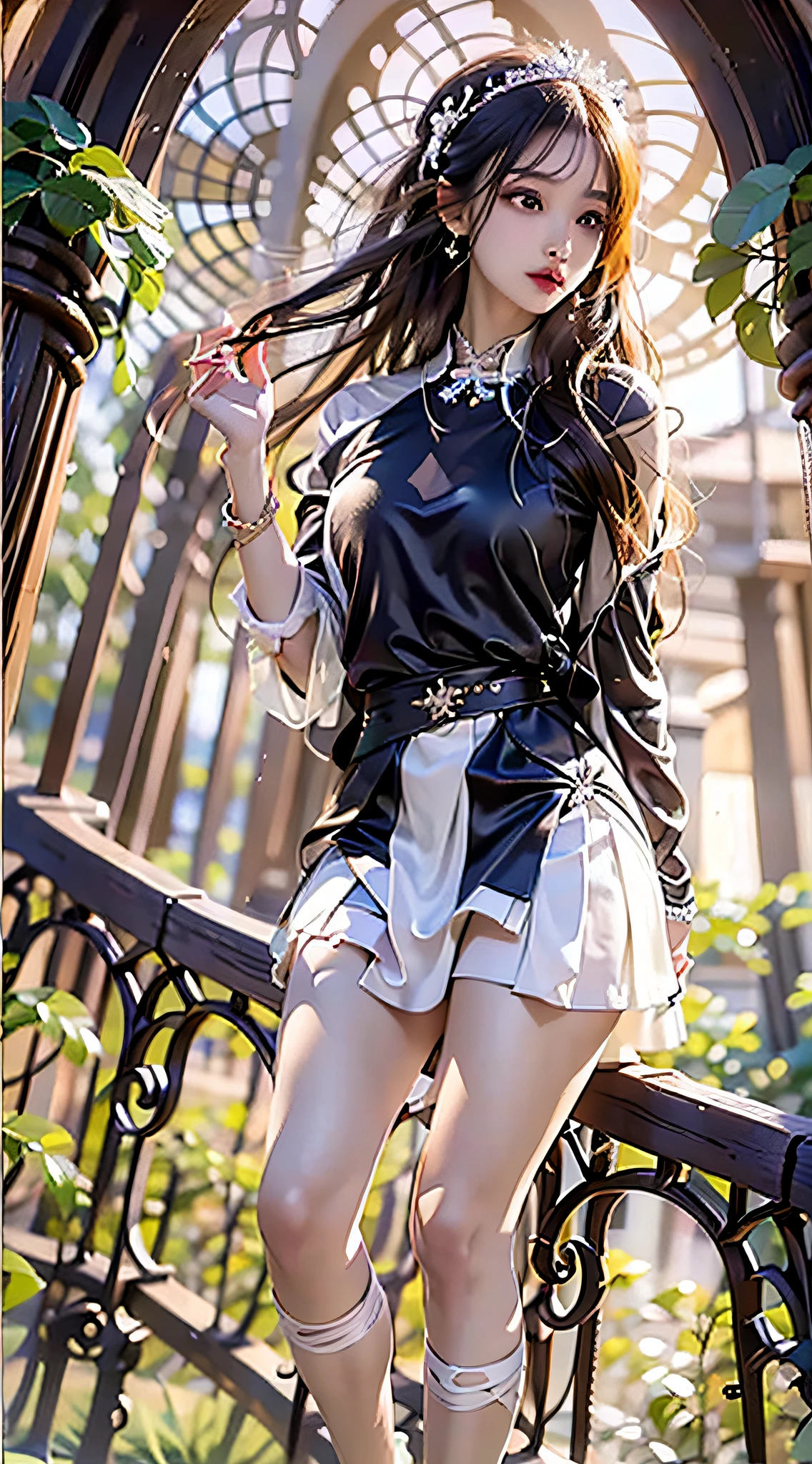best qualtiy,tmasterpiece,k hd,1girll,(fully body photo,sitted,libraryai), Nice face,(slim,dignified),Cold and glamorous,cabelos preto e longos,hair adornments,(slender leg,Cross ed leg), (athletic sneakers,White color blouse,black short skirt),Beautiful teenage girl,Ethereal dreams,Beautiful goddess,Detailed scenes, Eye-catching accessories, Picturesque, ((from above))