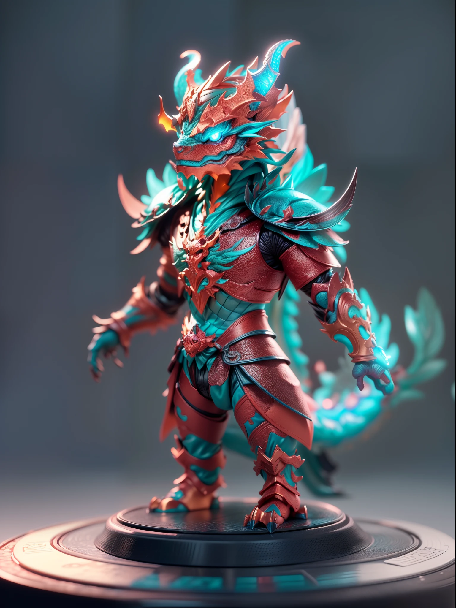 (Blind box toy style:1.3),((Full body shot))(anthropomorphism) , (1 strong Chinese dragon metal warrior)(((solo))) metal armor,dreamy glow, Clean dark background,Red cyan style,(circular base)( Global illumination, Ray tracing, hdr, unreal render,reasonable design, high detail, Masterpiece, Best quality, hyper HD, Cinematic lighting)