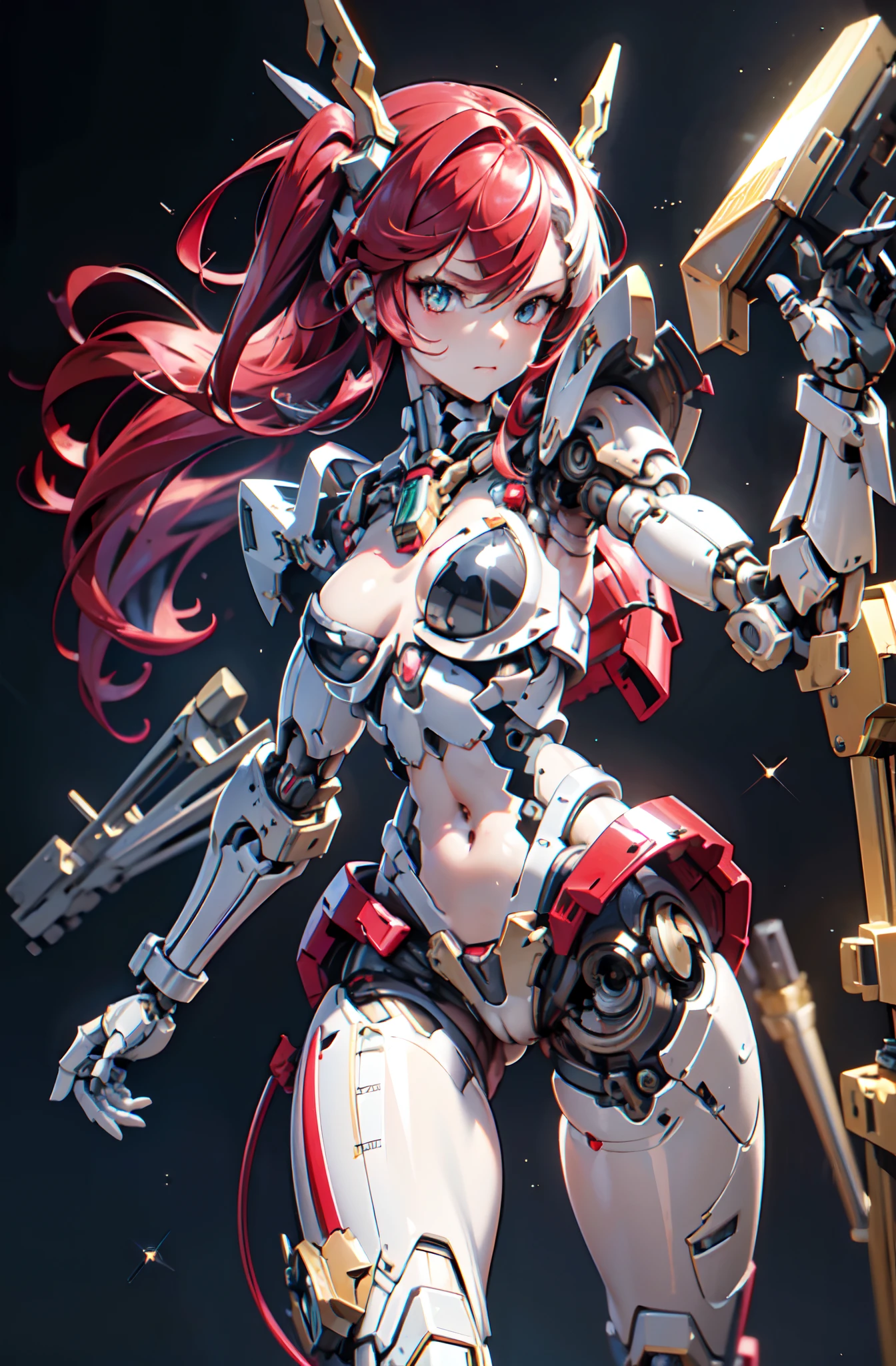 (bare chest and navel), robot, masterpiece face, masterpiece eyes, (feminine machine body), (machine joints, Mechanical skelton and Artificial muscle:1.3), mechanical skin, machine flanks, (Machine internal structure exposure:1.2), (red long hair), (mechanical bikini armor:), cowboy_shot, side focus, shiny, cyber punk, Masterpiece, best quality, captures a super cute moment, depth of field, ultra detailed, ultra high resolution, C4D, Octadale, 3D modeling, 8k, 16k,