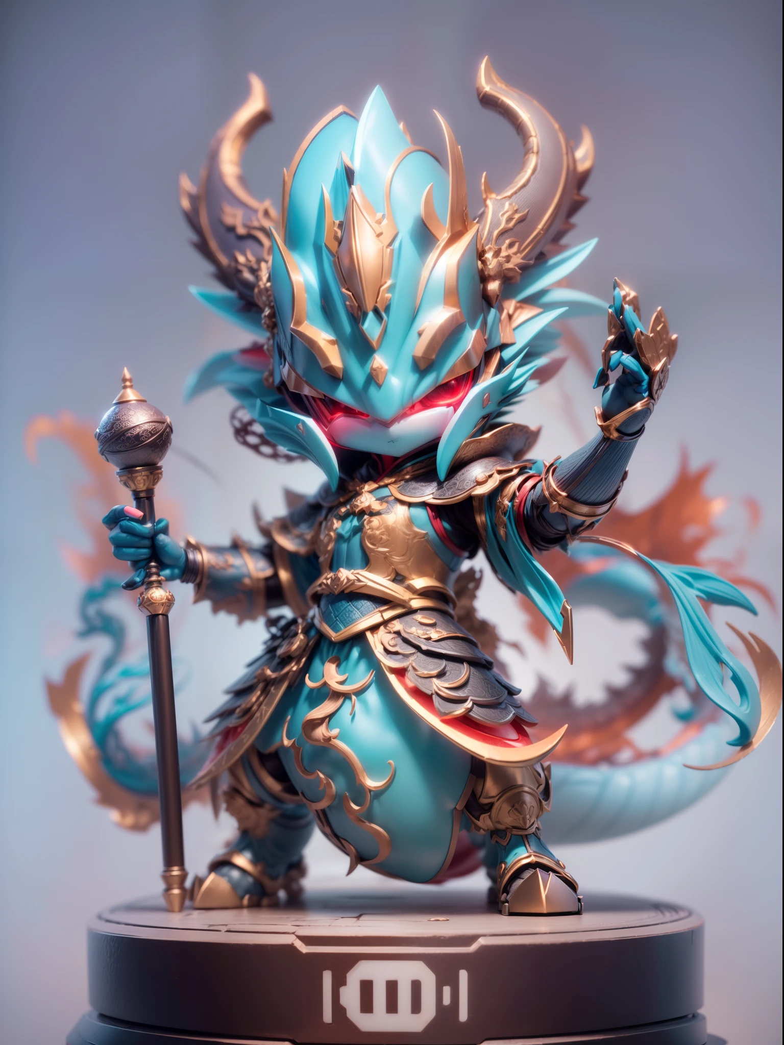 (Blind box toy style:1.3),((Full body shot))(anthropomorphism) , (1 strong Chinese dragon metal warrior)(((solo))) metal armor,dreamy glow, Clean dark background,Red cyan style,(circular base)( Global illumination, Ray tracing, hdr, unreal render,reasonable design, high detail, Masterpiece, Best quality, hyper HD, Cinematic lighting)