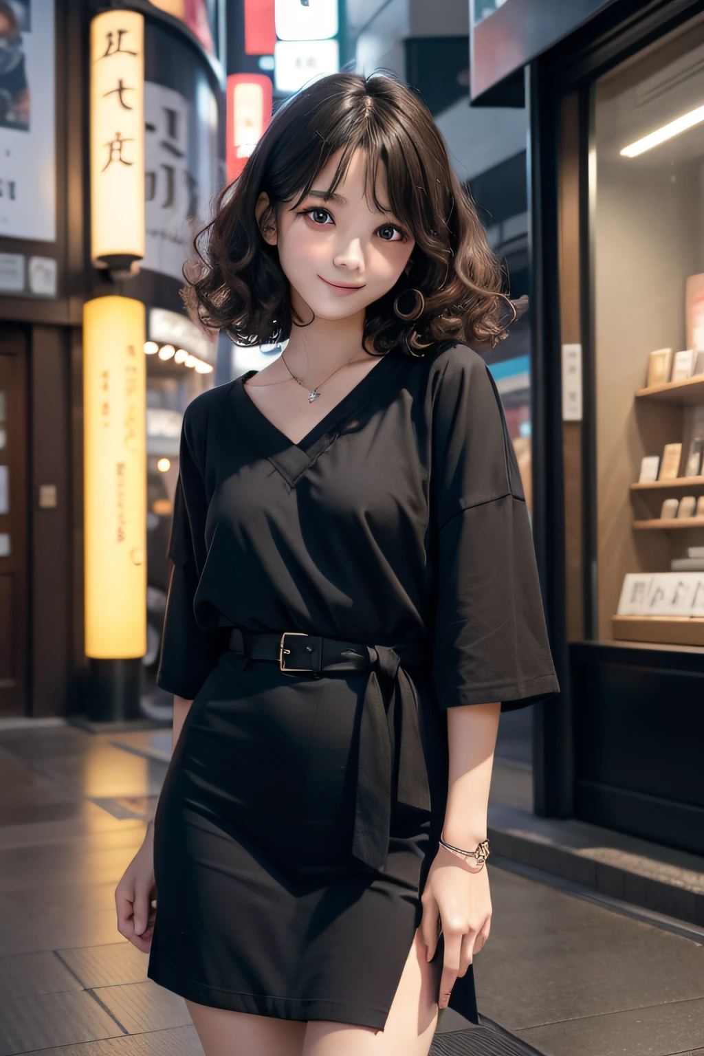 studio lights、depth of fields、The upper part of the body、A slender、cute  face、a smile、Beautiful detail eyes、Japan 19 years old、cute little、Voluminous curls with warm black color、plaza、rcasual、The town of Ginza