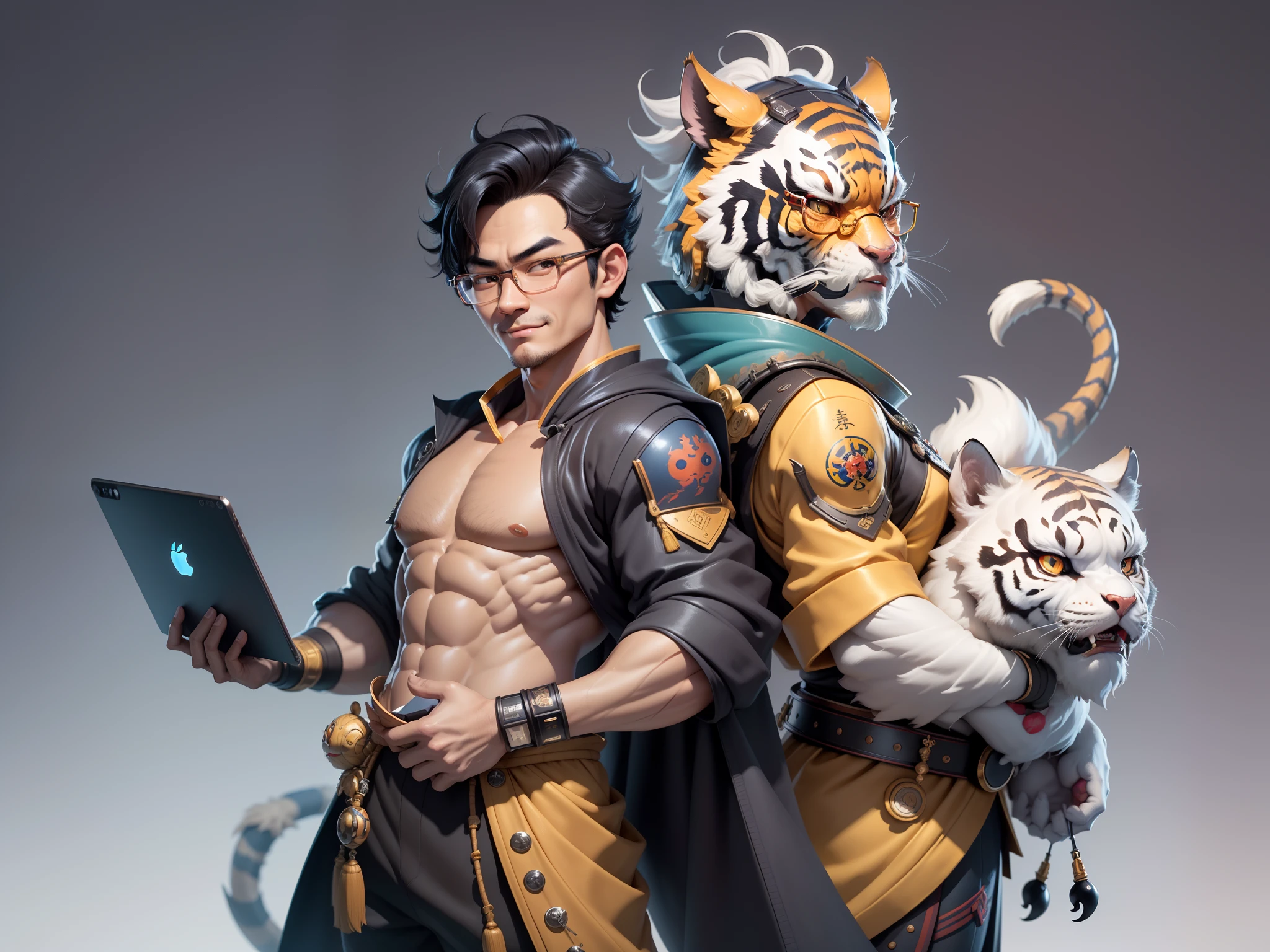 (Masterpiece), (Excellent), (Super Meticulous), (Full Body: 1.2), Super Young Man with Japanese Female Geisha, Pretty, Beautiful, Chinese Dragon, Tiger, Wind God Thor, Sexy, Bursting, Oriental Face, TV Anchor, Bust Portrait Illustration, Black Suit, Blue Tie, Slightly Chubby Face, Silver Glasses, Very Clean Face, No Beard on Chin, Black Super Short Hair, Black Eyes, Confident Smile, 3c Computer Sub-Products, iPad, iPhone, Digital Painting, 3D character design by Mark Clairedon and Pixar and Hayao Miyazaki and Akira Toriyama, the illustrations are HD illustrations in 4K resolution with highly detailed facial features and cartoon-style visuals.