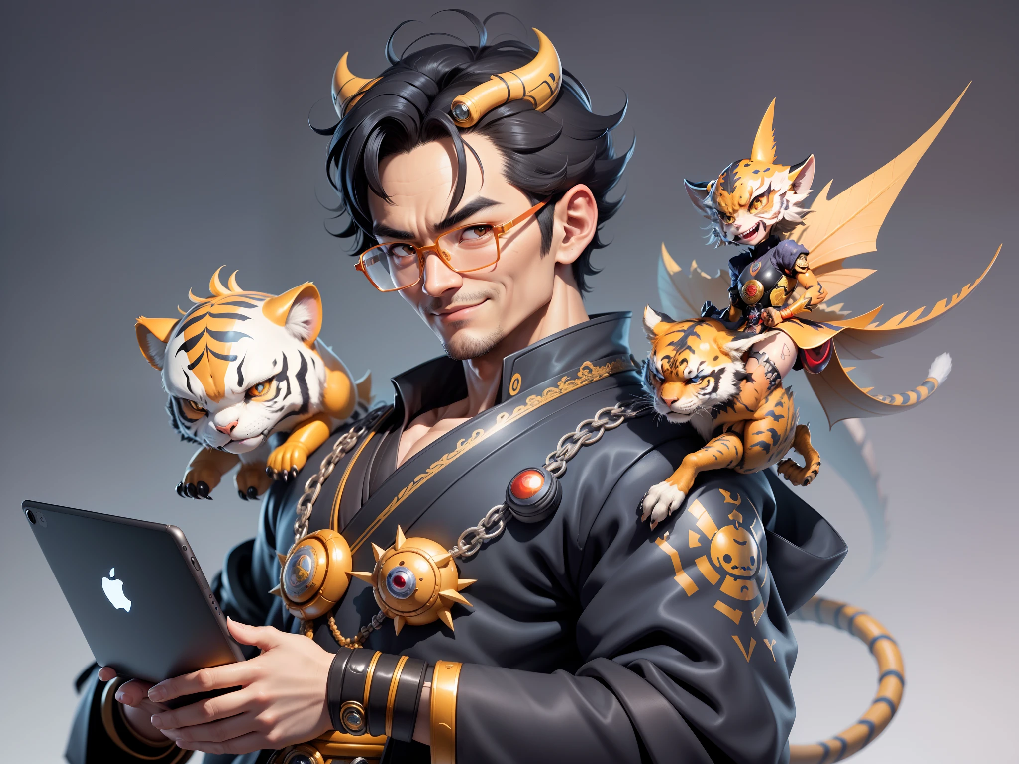 (Masterpiece), (Excellent), (Super Meticulous), (Full Body: 1.2), Super Young Man with Japanese Female Geisha, Pretty, Beautiful, Chinese Dragon, Tiger, Wind God Thor, Sexy, Bursting, Oriental Face, TV Anchor, Bust Portrait Illustration, Black Suit, Blue Tie, Slightly Chubby Face, Silver Glasses, Very Clean Face, No Beard on Chin, Black Super Short Hair, Black Eyes, Confident Smile, 3c Computer Sub-Products, iPad, iPhone, Digital Painting, 3D character design by Mark Clairedon and Pixar and Hayao Miyazaki and Akira Toriyama, the illustrations are HD illustrations in 4K resolution with highly detailed facial features and cartoon-style visuals.