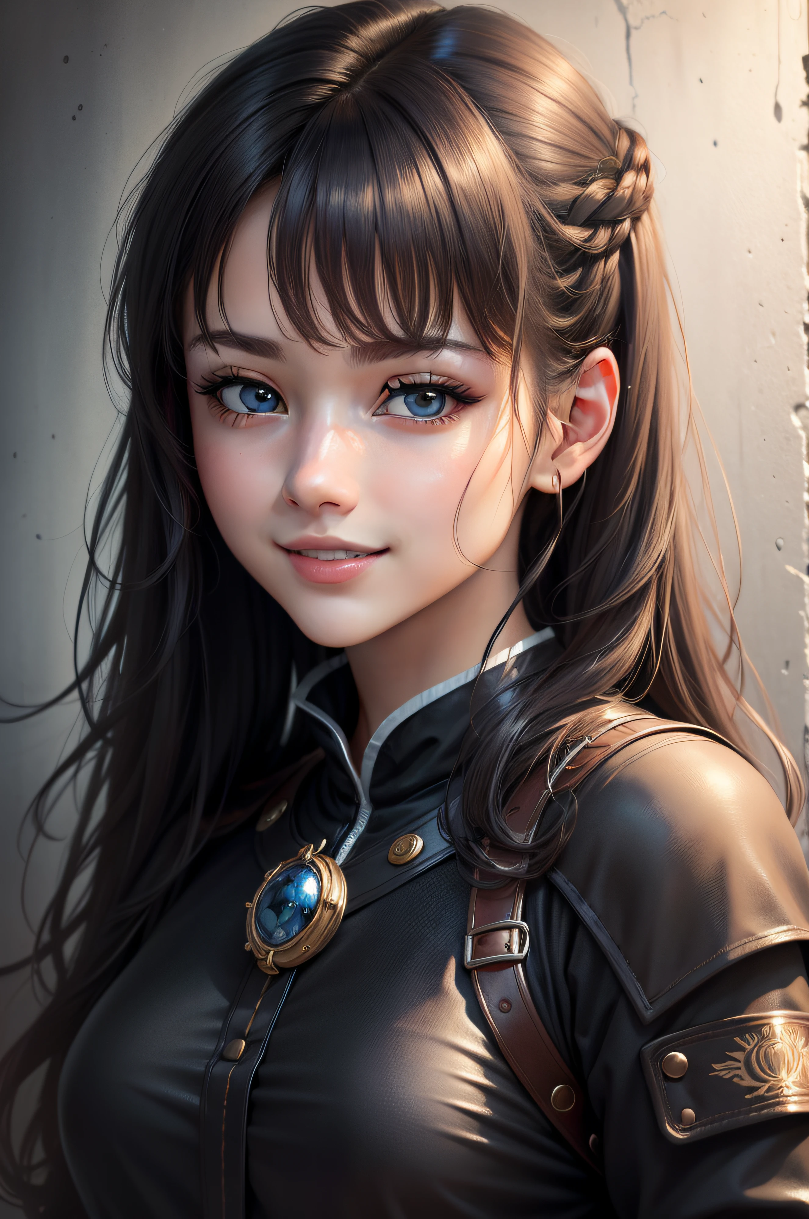 (masterpiece), (best quality:1.3), 8k wallpaper, smooth gradients, 1girl, clean wall, detailed face, black eyes, realistic eyes, smile