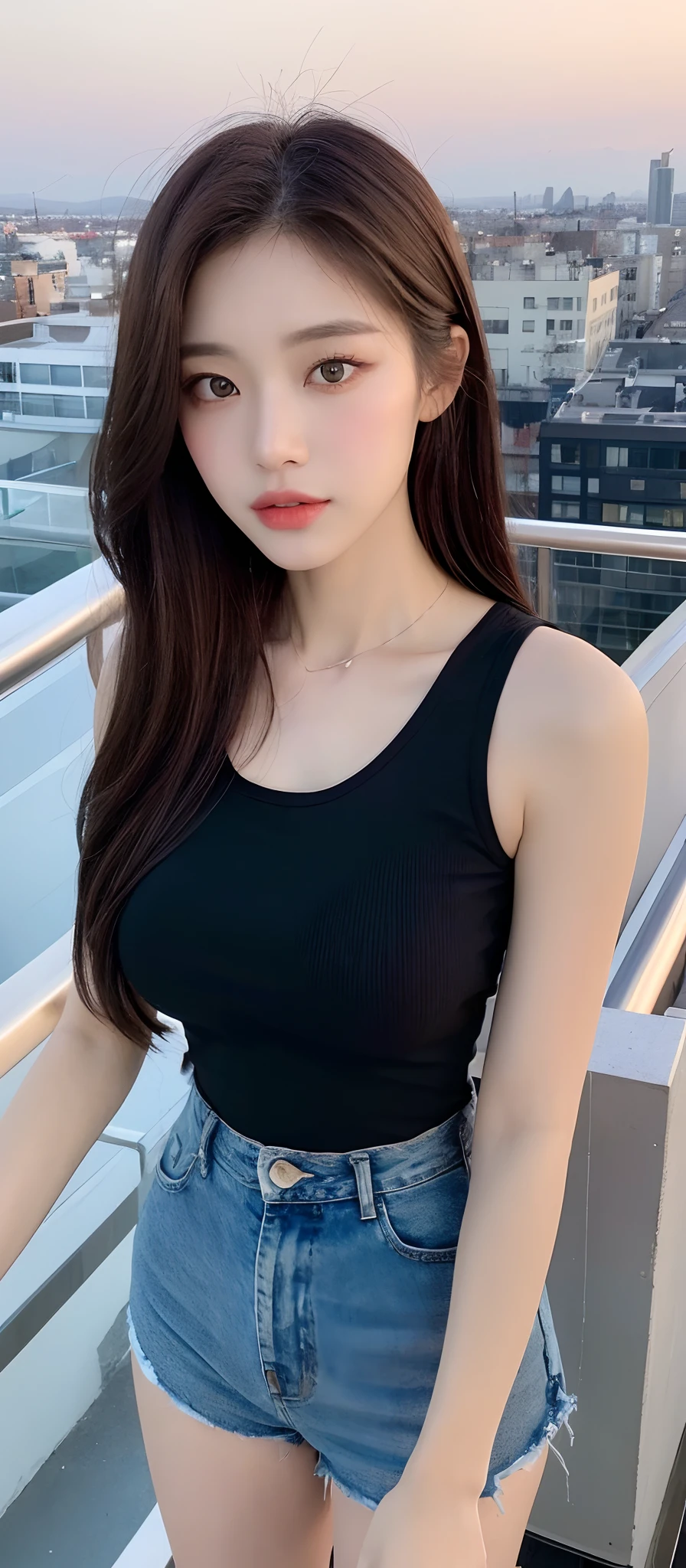 A Beautiful Girl, long-haired:1.4, Waist-length hair, Face shape, beautidul eyes, Beautiful mouth, red lip, proportional body, slim, large boobs:1.4, small waist, Small thighs, beautiful legs, Long slender legs.., t-shirt, short pants, high heels
