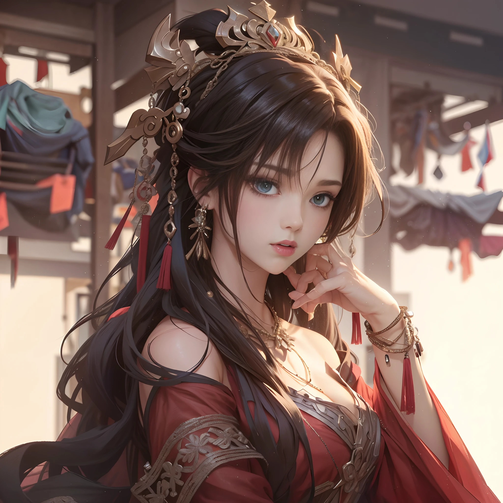 Close-up of a woman in a red dress and red shawl, beautiful character painting, digital fantasy art), beautiful young wind spirit, fantasy art style, 8k high quality detail art, by Yang J, (beautiful fantasy queen)), beautiful fantasy queen, super detailed fantasy characters, beautiful digital artwork, beautiful fantasy art portrait, fantasy style art, fantasy woman, masterpiece, movie quality,
