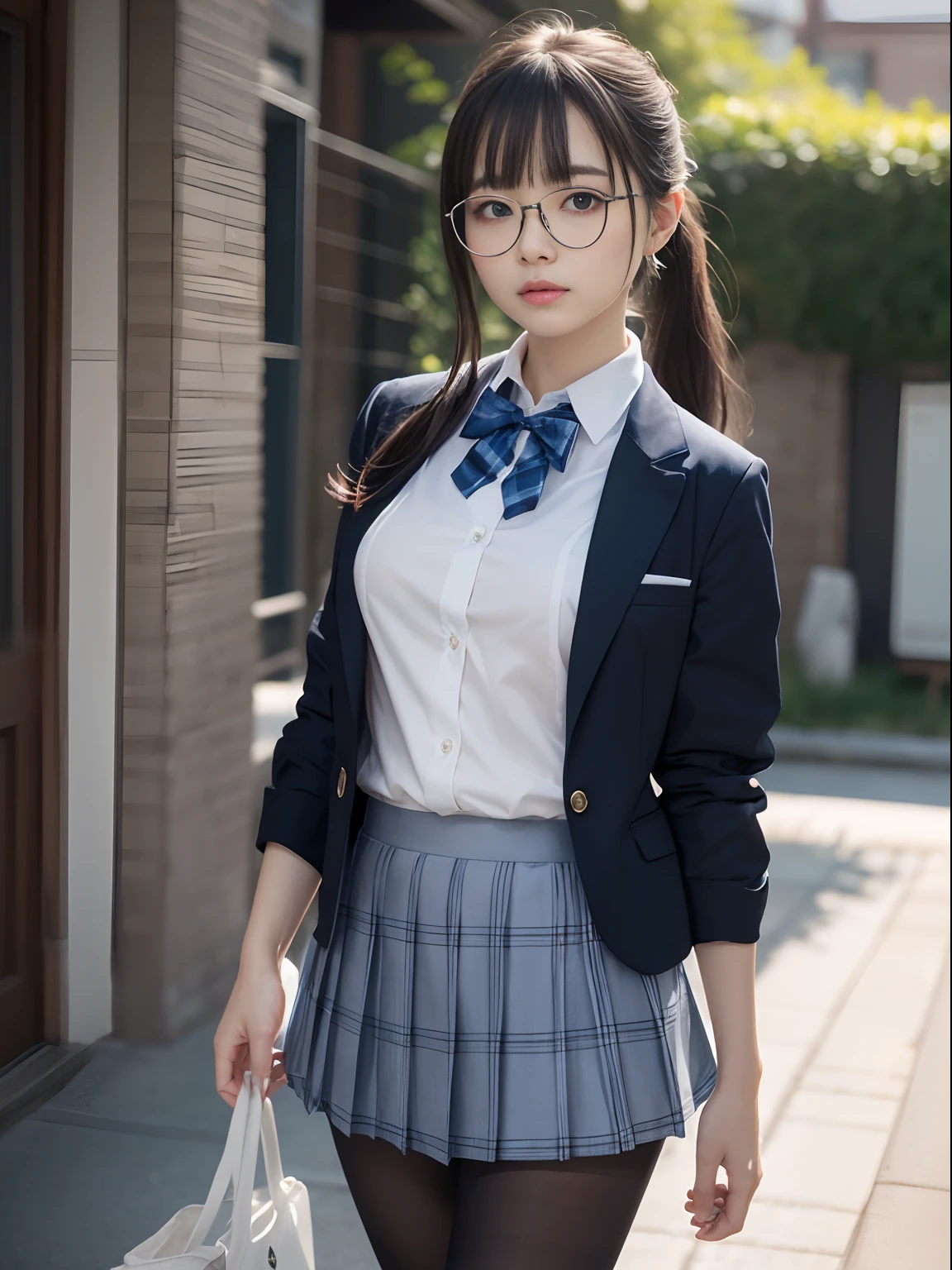 (Long ponytail),(Bra shows through and are visible),(8K、Raw photography、top-quality、masterpiece:1.2),glamor,Chromo-white skin,cocky,School,watching at viewers,Looking at the front,Muchimuchi,Erotic,Pupils,de pele branca,kne,Student Bag((Black pantyhose)),absurderes,a small face,small tits,flat breast,Parting the bangs from the middle、Forehead visible,(a cold expression,Tight eyes,glares,Bullish,skinny,Rasping,irate)、masterpiece,top-quality、超A high resolution,Raw photo,ren,Beautiful fece,One Person, 独奏,eye glass,,Dark look,Small breasts,fullllbody,Round glasses,JK school uniform,hi-school girl,A Japanese Lady,is standing,(Photorealsitic:1.37)、Photon mapping,Realistic、Beautie,Cute little face,Brown-eyed、Black socks、(Red bow tie)、Radio City、Physically Based Rendering、depth of fields、Blurry background、a picture,Body,beauty legs, Long legs, Thin leg,(Bangs are visible), hair, s lips, Blue_The eye, nosesoft,(Light blue shirt), (Navy and blue and white plaid pleated skirt), Knees are visible,Sheer clothing,, Thigh, Black cotton socks,Nogizaka Idol, 女優, Japanese ido